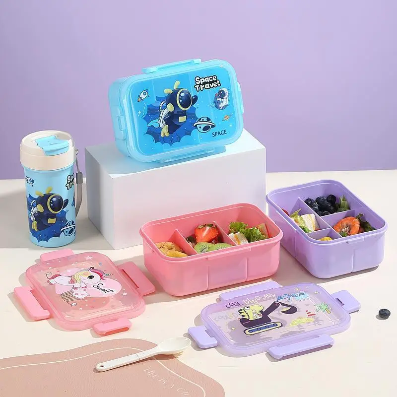 HongXing Plastic Bento Lunch Boxes and Water Bottle, Cartoon 3 Compartments Children's Lunch Box 1
