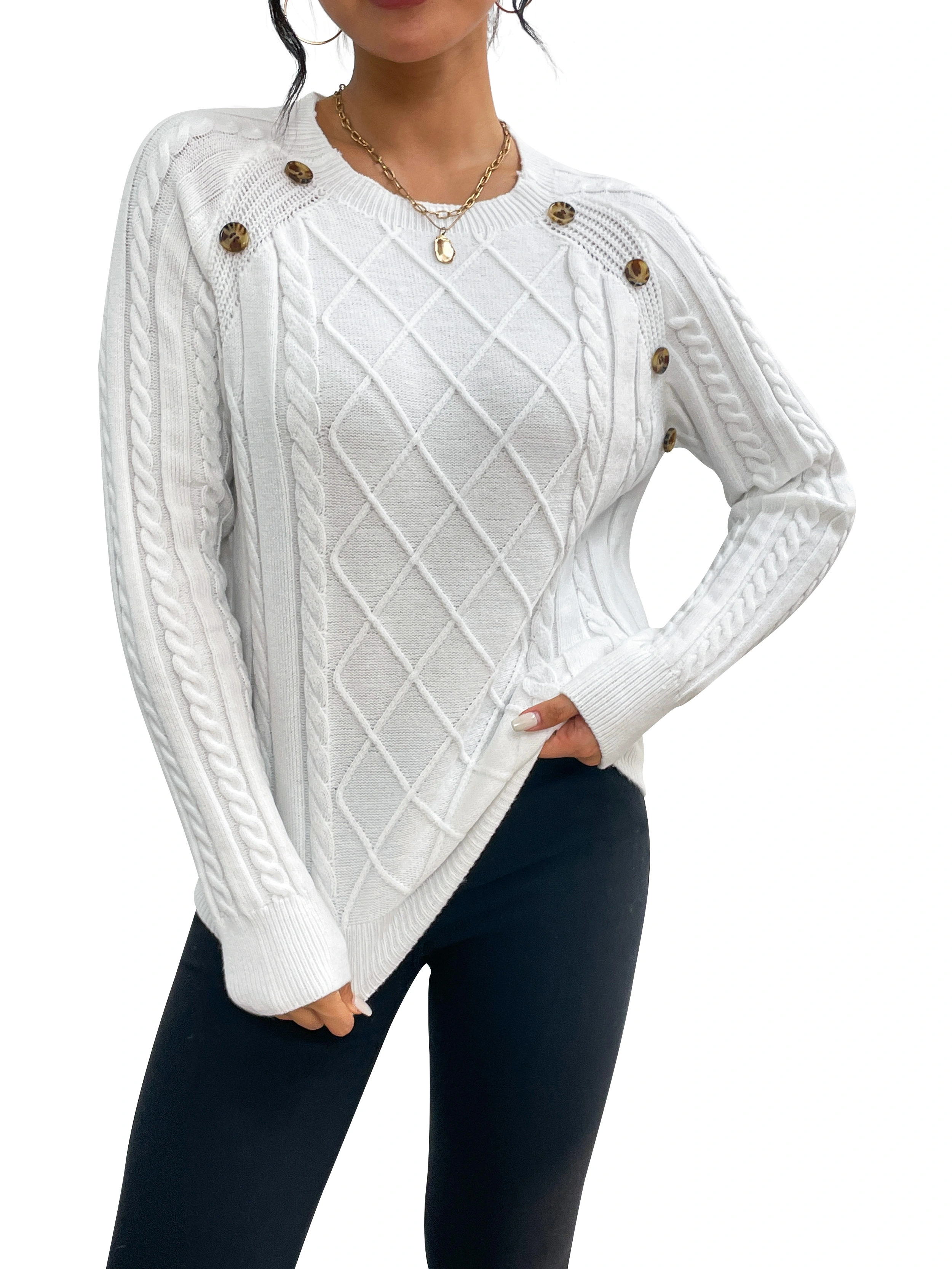 Fan Flo Damen Strickpullover runden Hals Kabel Fake Knopf Raglan Ärmel Casual Elegant Top 1