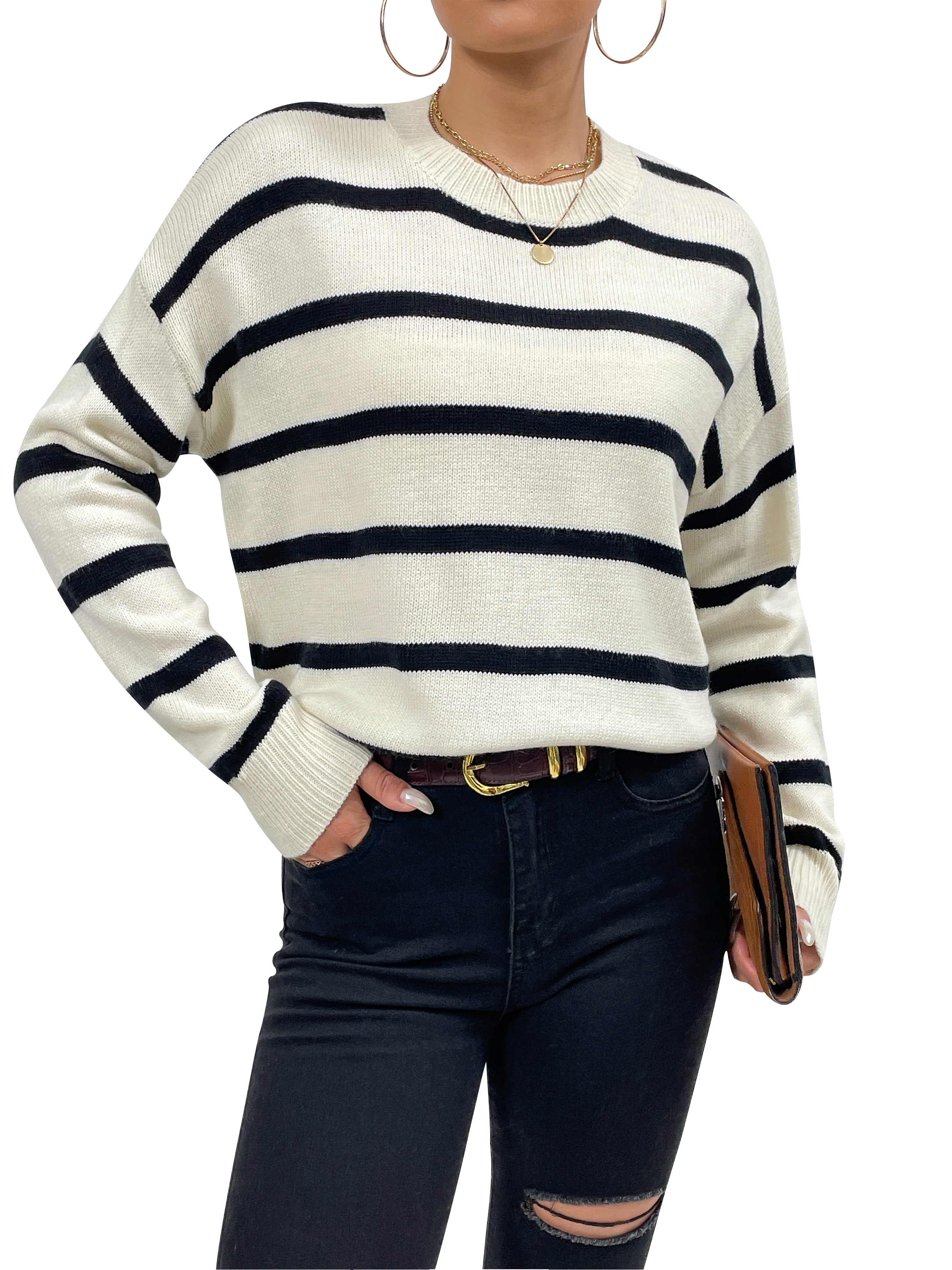 Fan Flo Women's Knit Pullover Contrast Stripe Paneling Long Sleeves Crewneck Casual Thick Style 1