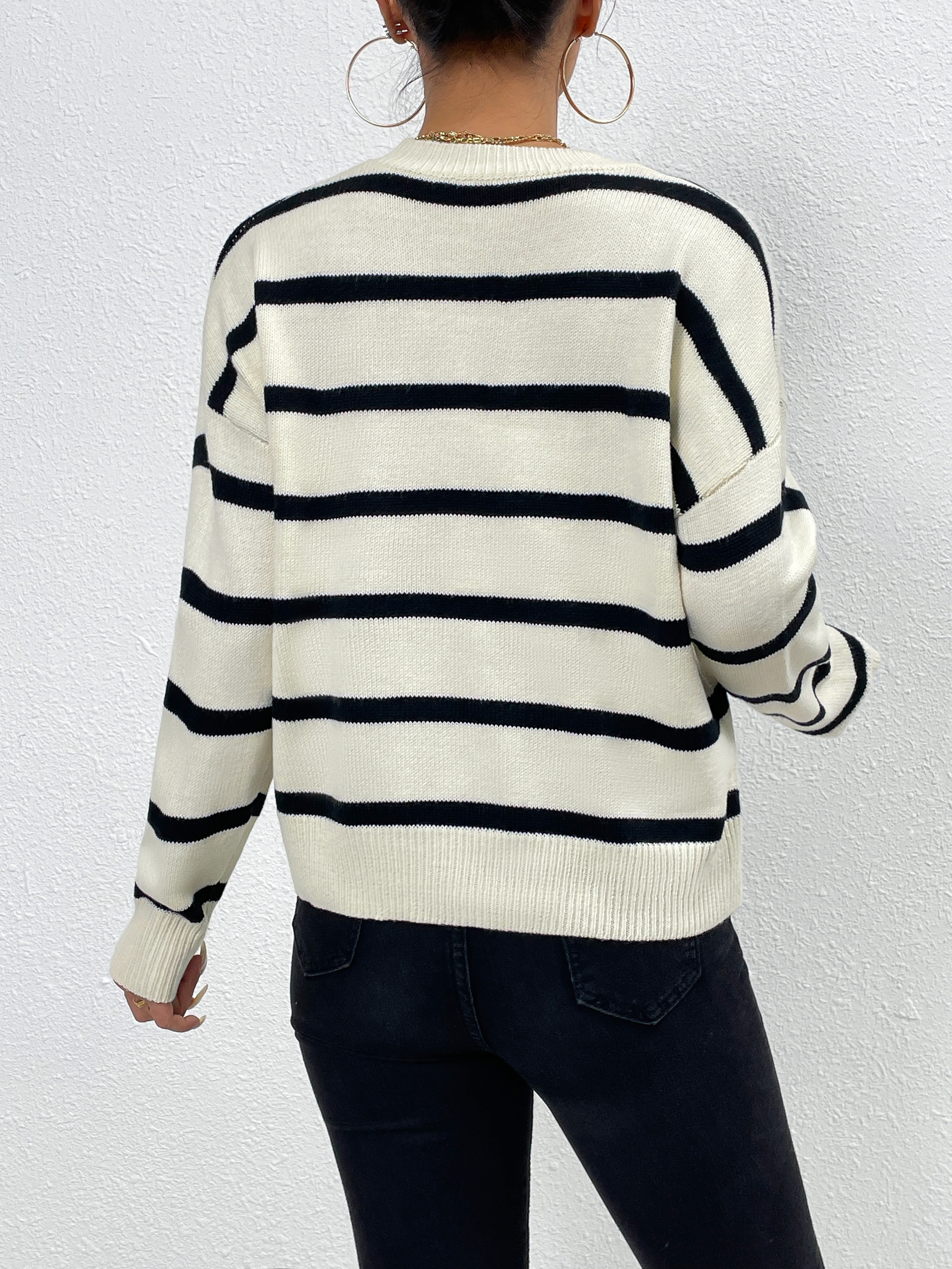 Fan Flo Women's Knit Pullover Contrast Stripe Paneling Long Sleeves Crewneck Casual Thick Style 3
