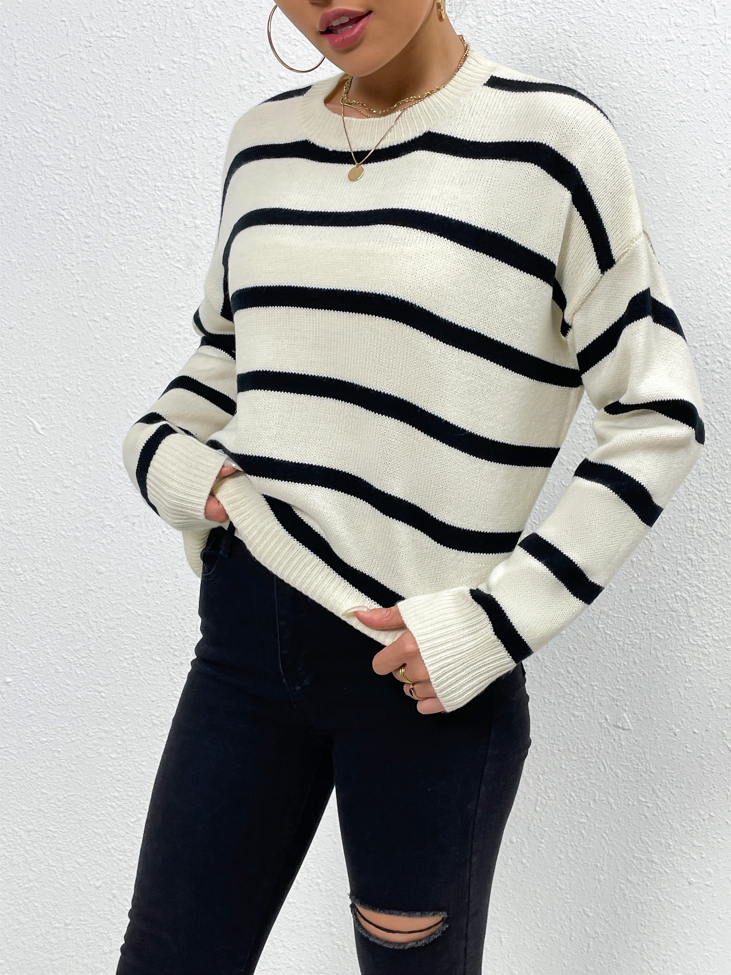 Fan Flo Women's Knit Pullover Contrast Stripe Paneling Long Sleeves Crewneck Casual Thick Style 5