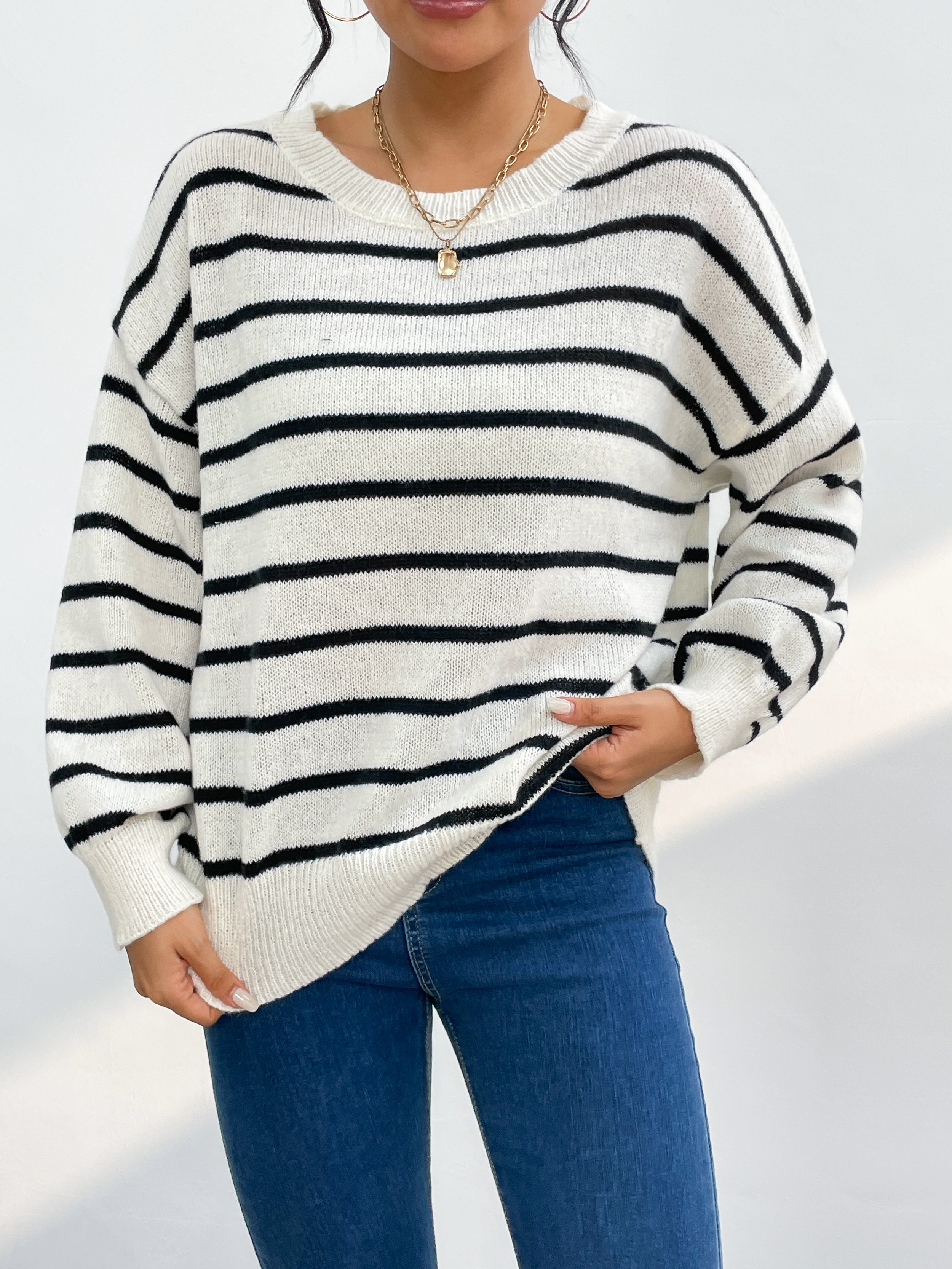 Ventilateur Flo Far Tripted Pullover Back Slit Faux boutons Top de banlieue décontractée 4