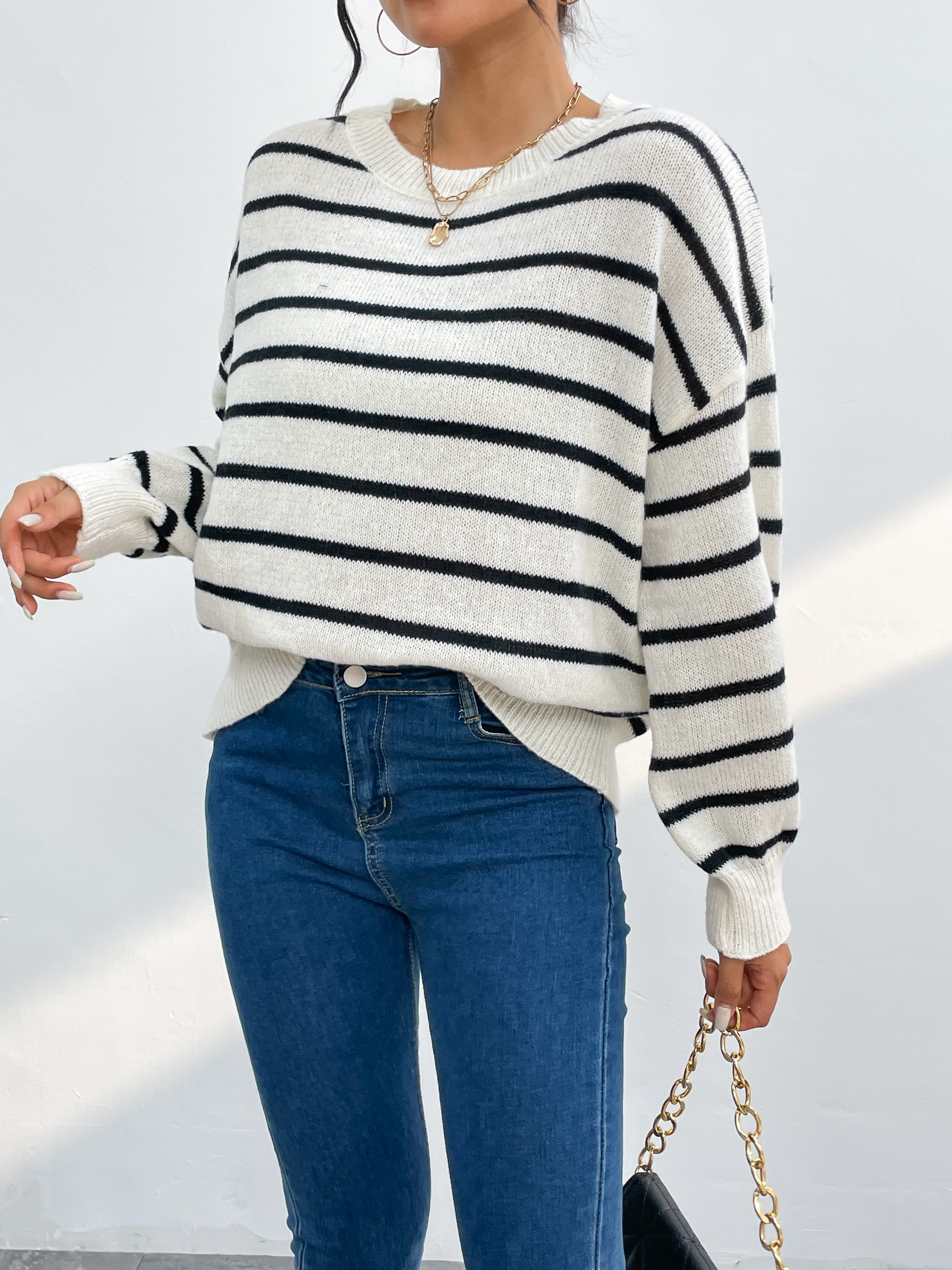 Ventilateur Flo Far Tripted Pullover Back Slit Faux boutons Top de banlieue décontractée 5