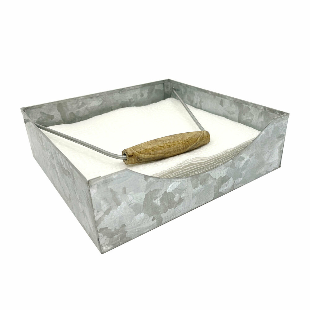 Suporte de guardanapo de metal galvanizado com alça de madeira ajustada