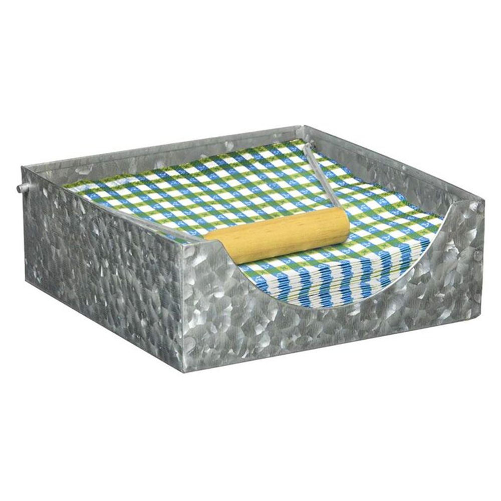 Suporte de guardanapo de metal galvanizado com alça de madeira ajustada