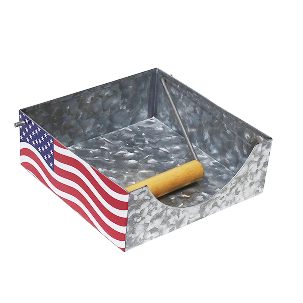 Suporte de guardanapo de metal galvanizado com alça de madeira ajustada