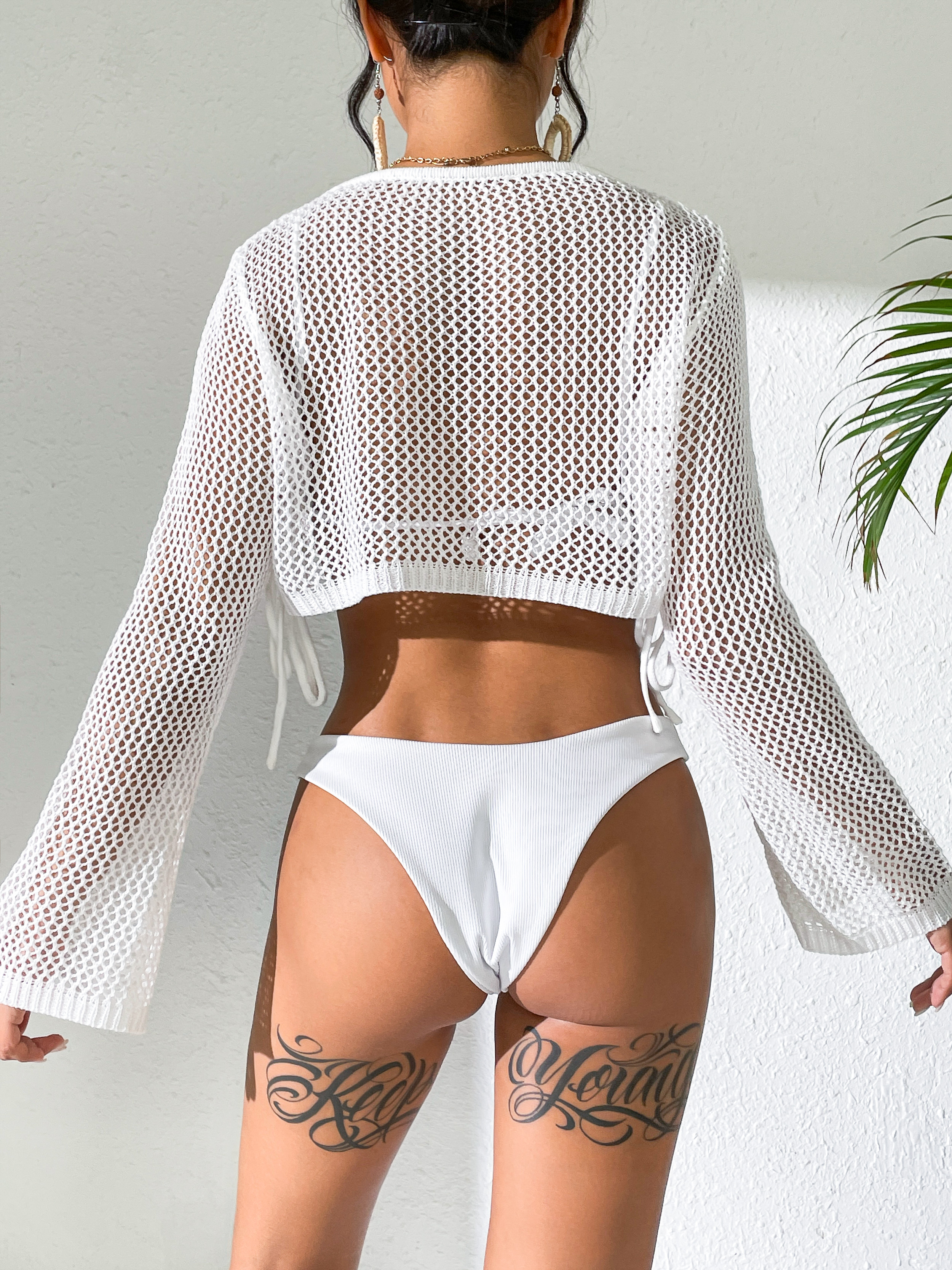 Fan Flo Women's Sweater Sexy Hollow Semi-Transparent Tie-Drawstring Beach Cover-Up 3