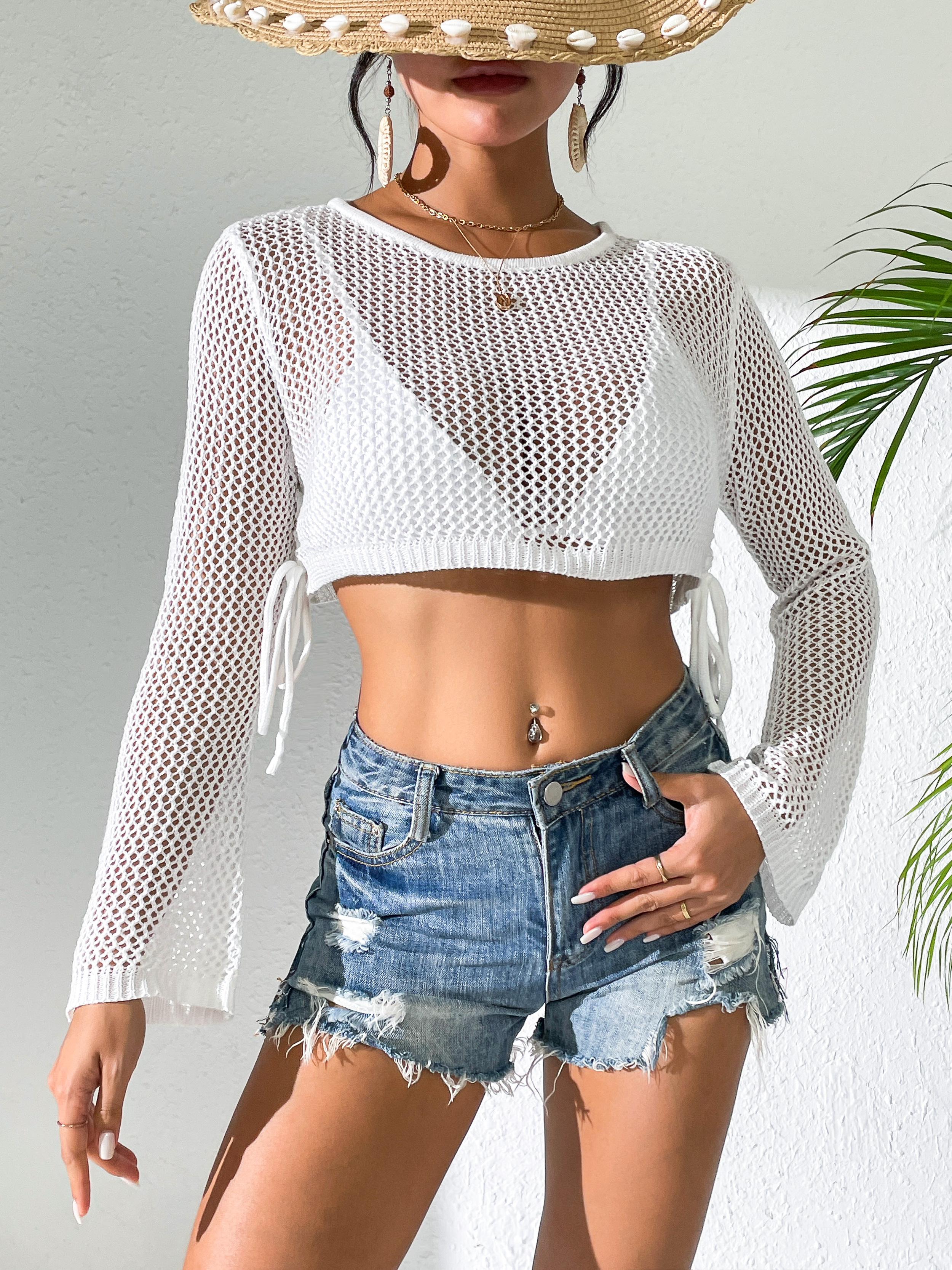 Fan Flo Women's Sweater Sexy Hollow Semi-Transparent Tie-Drawstring Beach Cover-Up 5