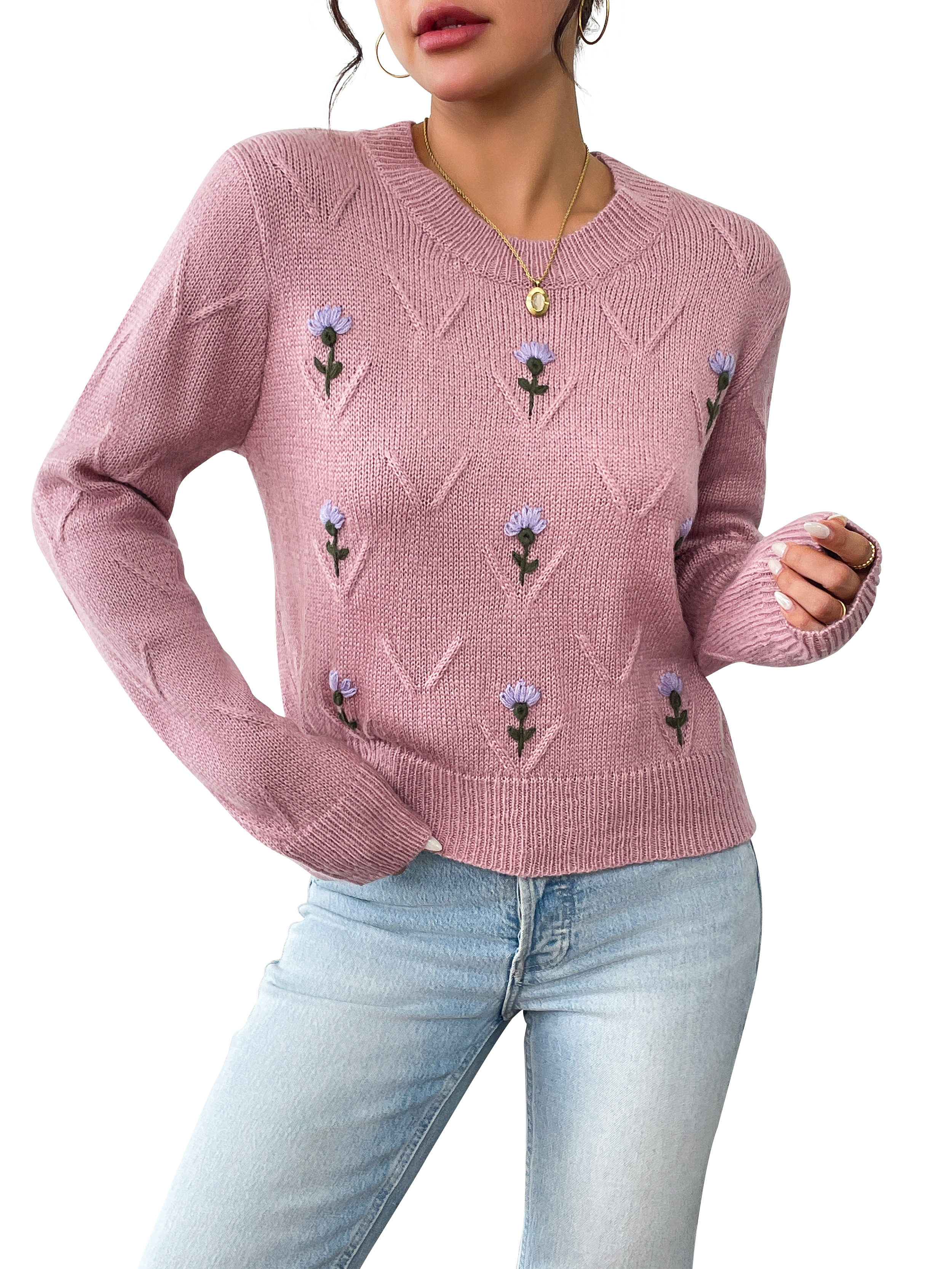 Ventilateur Flo Pull pour femmes broderie florale manche ronde à manches longues un incontournable pour les fêtes occasionnelles 1