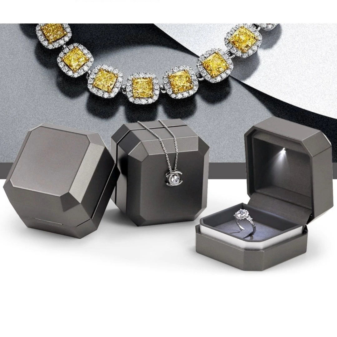Premium Gray Octagonal Cutout Jewelry Box with LED Lights Ring Necklace Earrings Bracelet Jewelry Gift Boxes 1