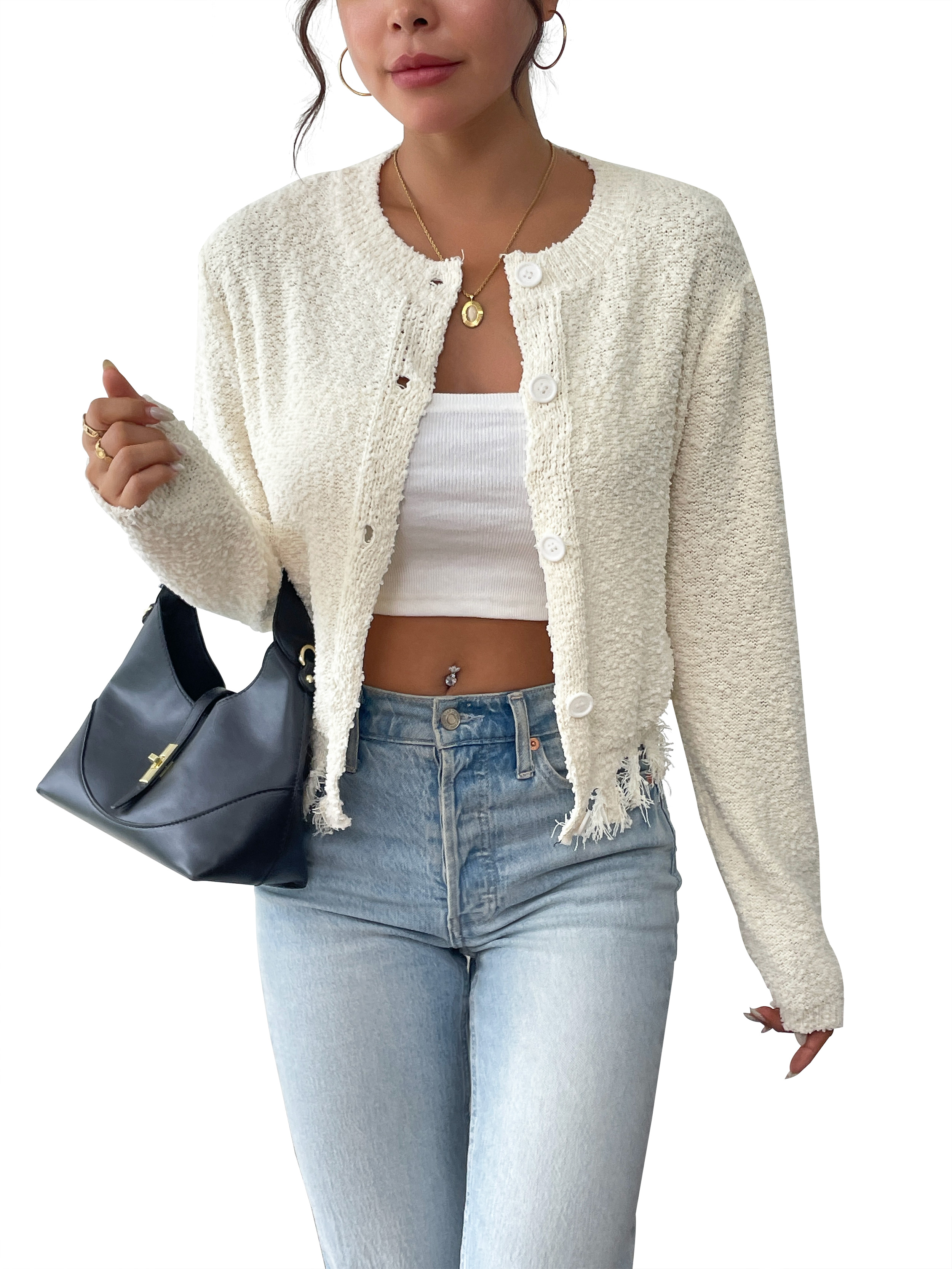 Fan Flo Damen -Strickjacke Mode unregelmäßige Saum lässige offene Strickjacke Kurzstil 1