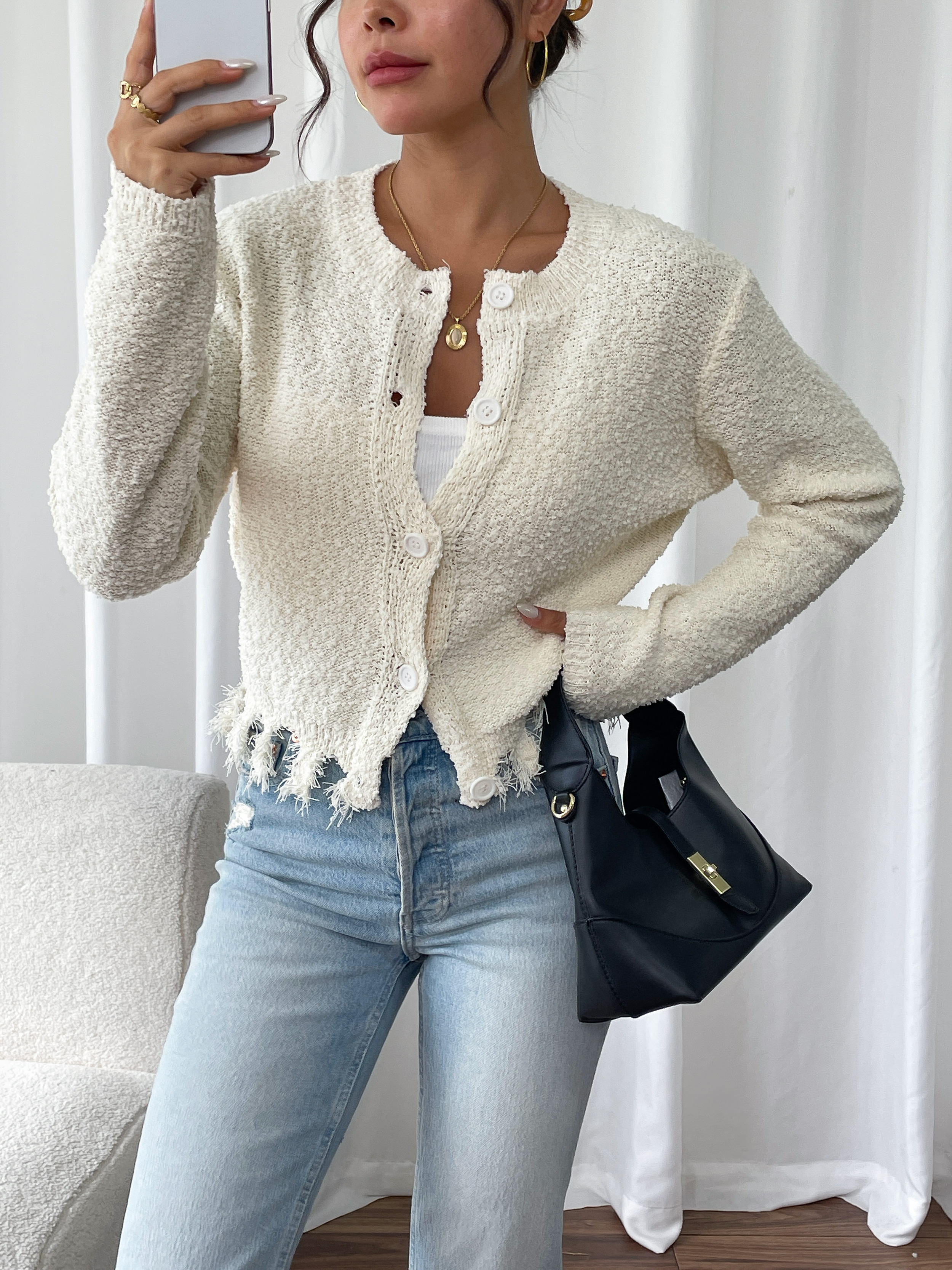 Fan Flo Damen -Strickjacke Mode unregelmäßige Saum lässige offene Strickjacke Kurzstil 4