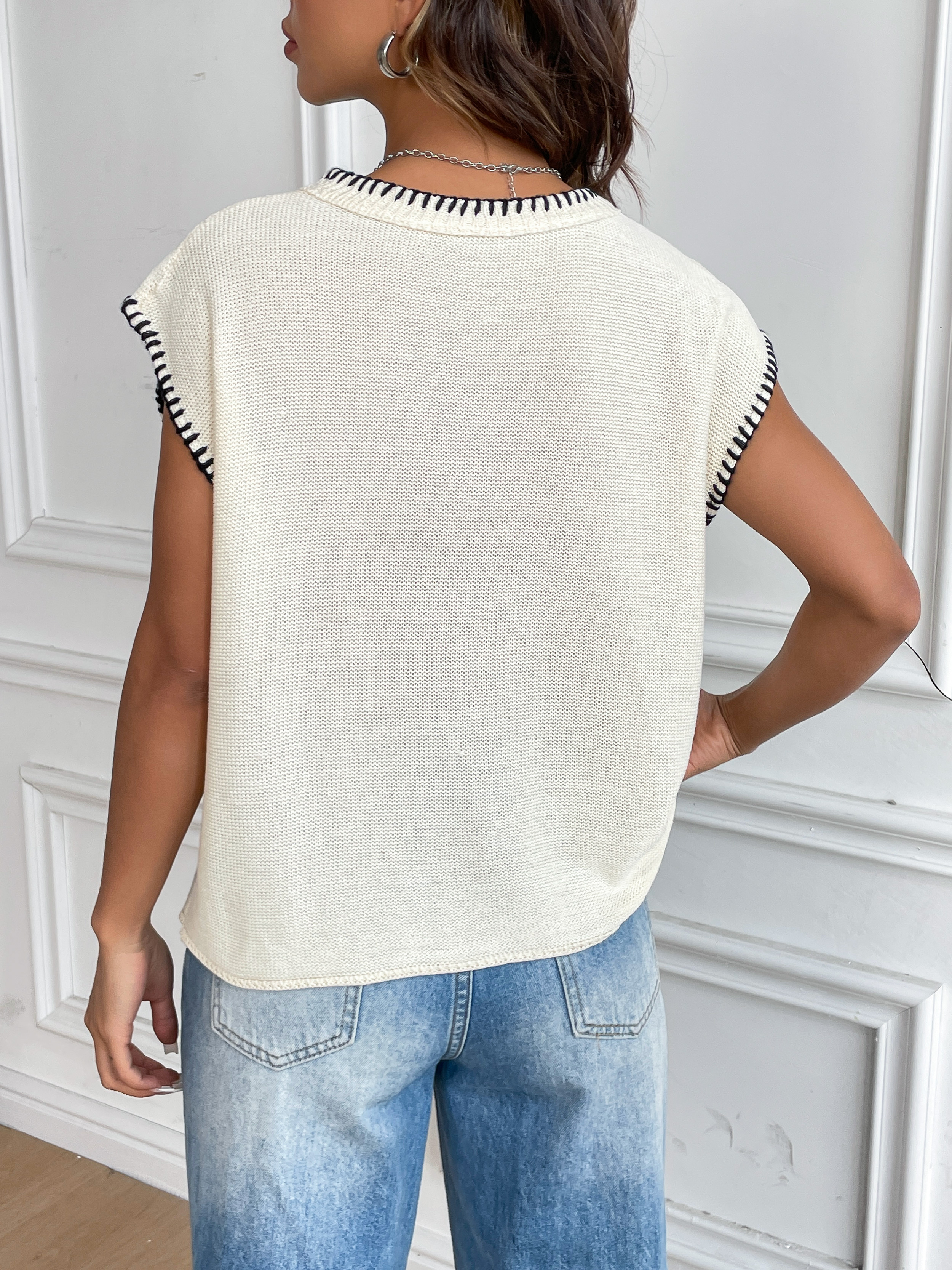 Fan Flo Damen Strickpullover Weste Crepe Kragenkappe Hülle Kurzschläfe Single Side Einfacher Freizeitstil 4