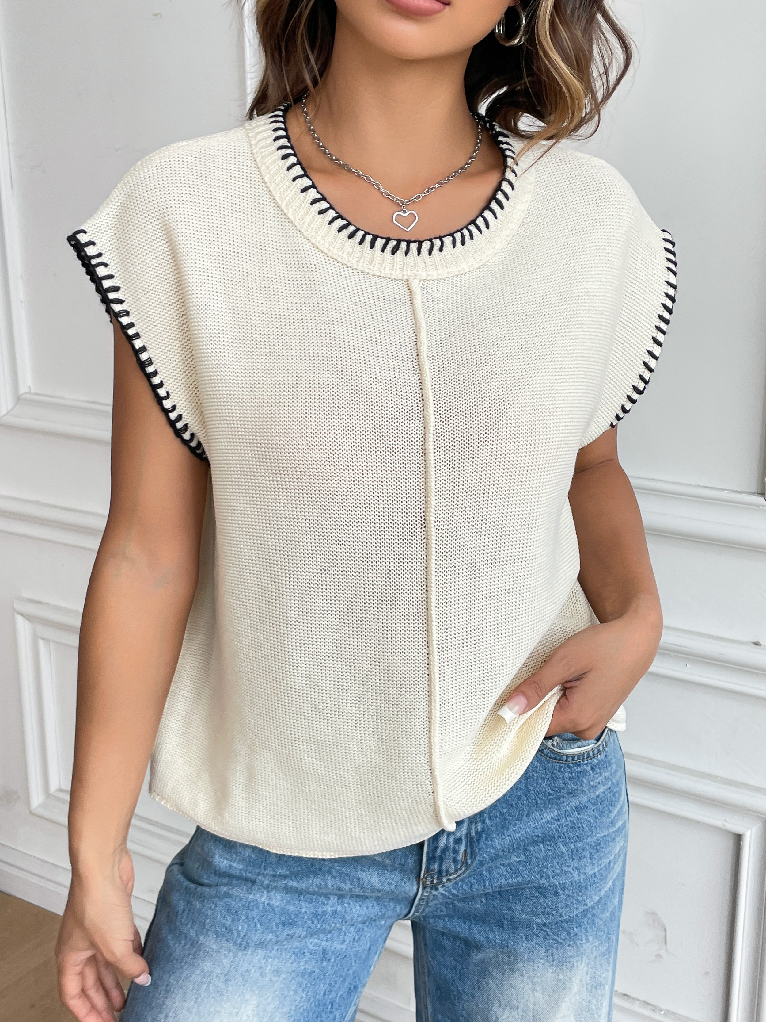 Fan Flo Damen Strickpullover Weste Crepe Kragenkappe Hülle Kurzschläfe Single Side Einfacher Freizeitstil 3