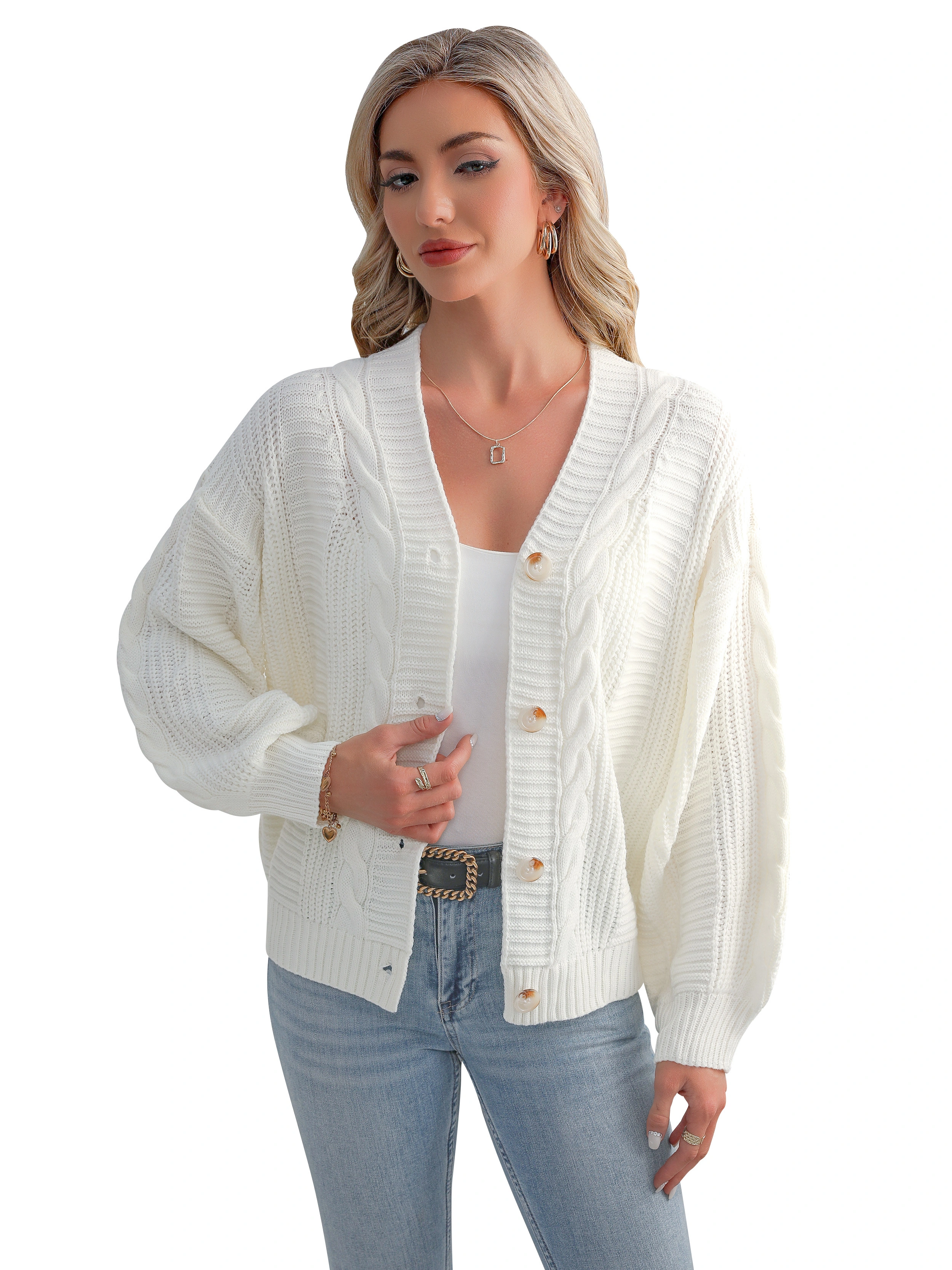 Fan Flo Elegant Damen Strick-Strickjacke V-Ausschnitt Knopf Feste Farbe Ripper Casual 5/7 Dicke Nadel Ein Muss für Herbst und Winter! 1