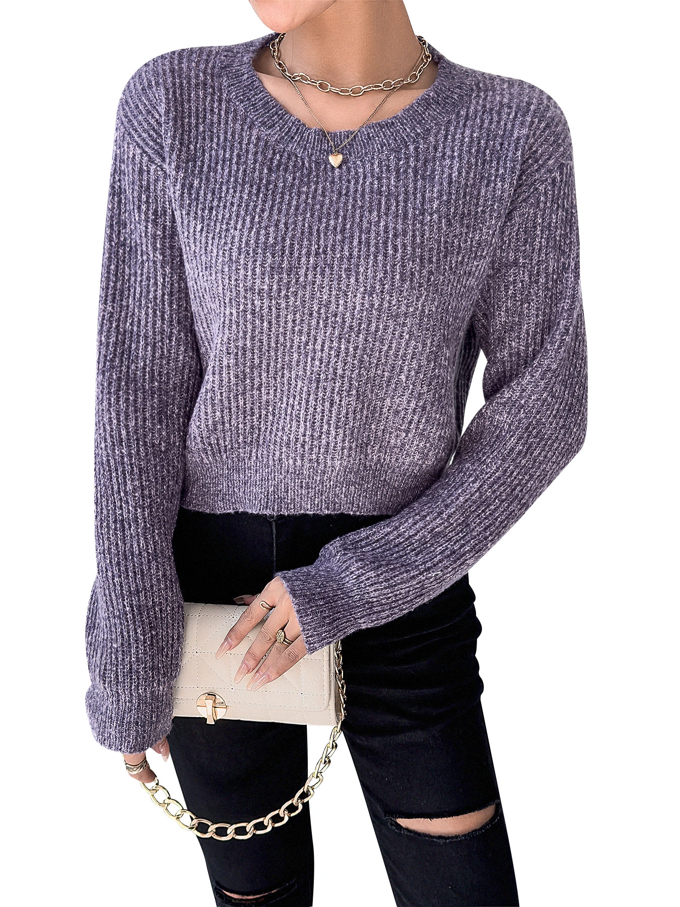 Fan Flo Damenpullover runden Hals gemischt Wolle Massives Langschlämchen Ribbon lässig eleganter Stil gestrickter Pullover 1