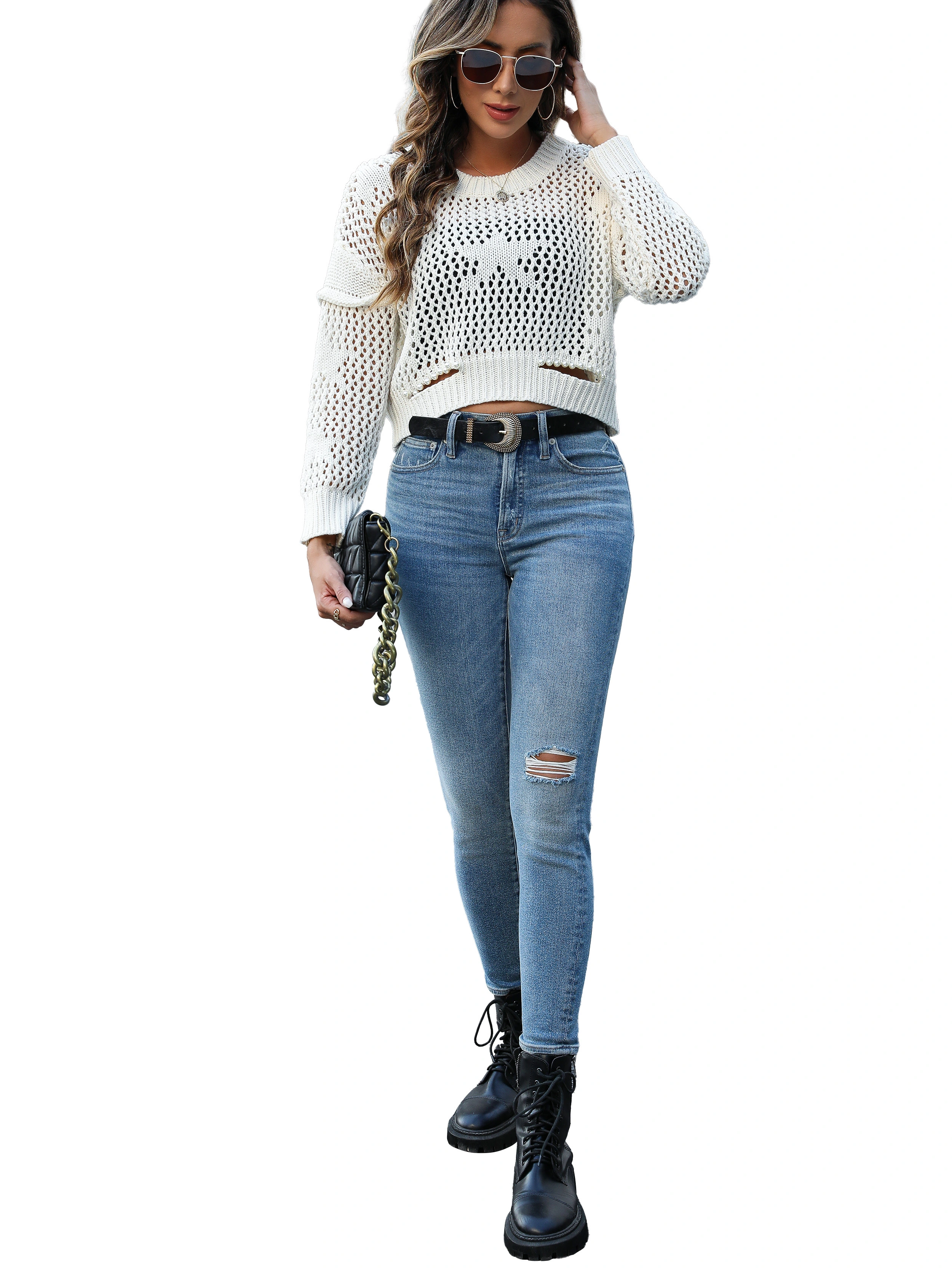 Fan Flo Women's Strick Pullover Fishnet Grid Hollow Hole Round Hals Pearl Strand Loose Frühling und Sommer Eleganter Stil Langarm 1