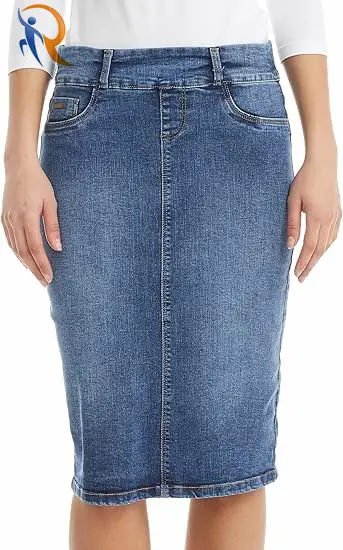 Straight Knee Length Stretch Denim Jean Skirt 1