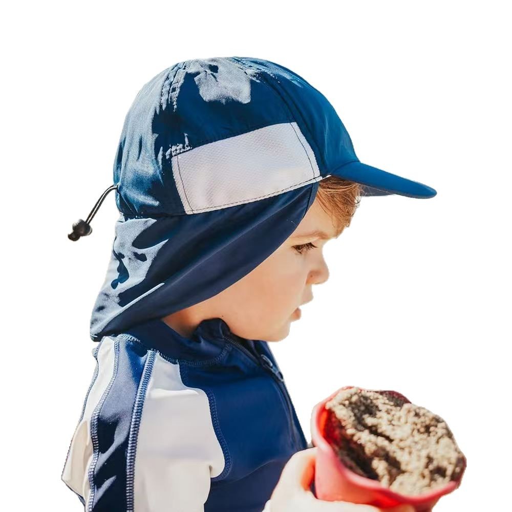 Blue kids cap shown from the side with a matching mesh panel and neck flap.