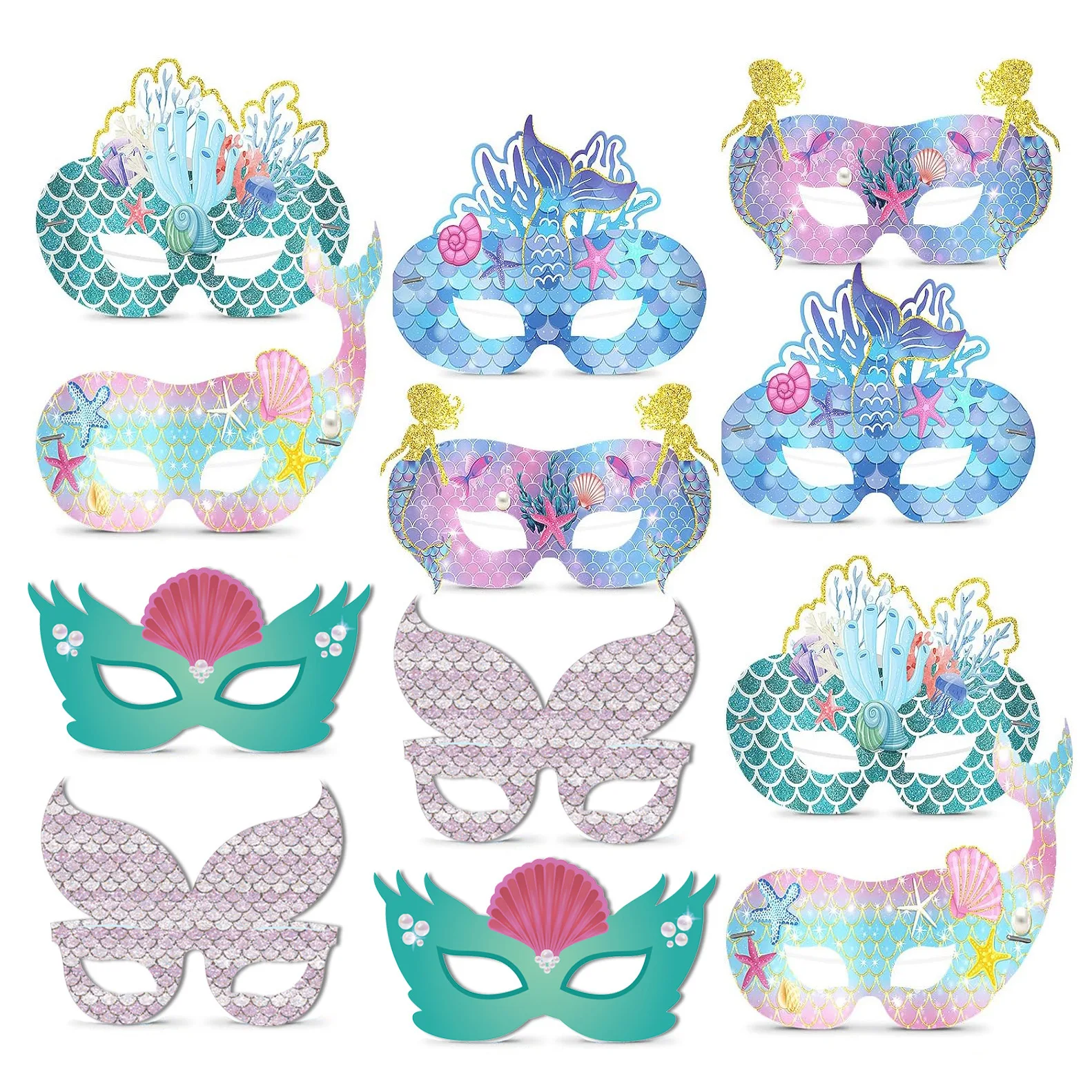 Magic Lights 12 Pcs Paper Mermaid Mask for Kids Girls Cosplay Ocean Mermaid Birthday Favors 1