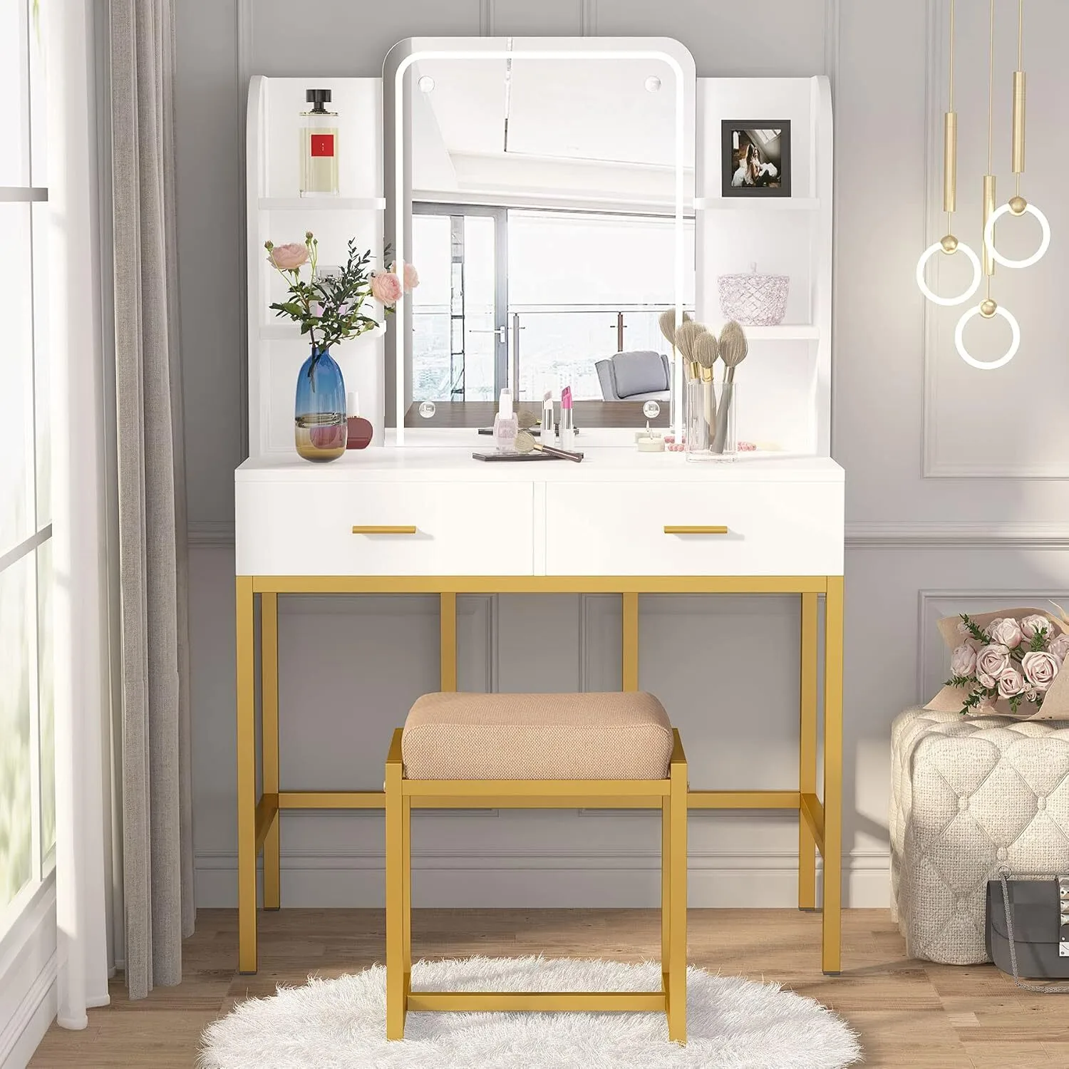 Modern Design 2 Drawers MDF Dresser Table With Mirror And Metal Leg Makeup Vanity Table 1