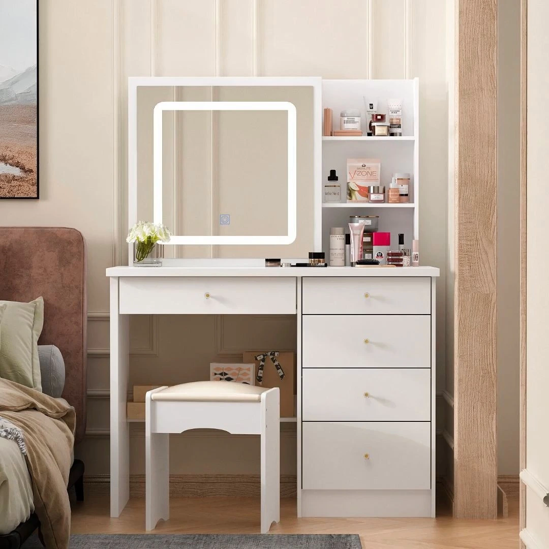 5 Drawers Vanity Table With Three Color LED Light Mirror Dressing Table With Storage Space 1
