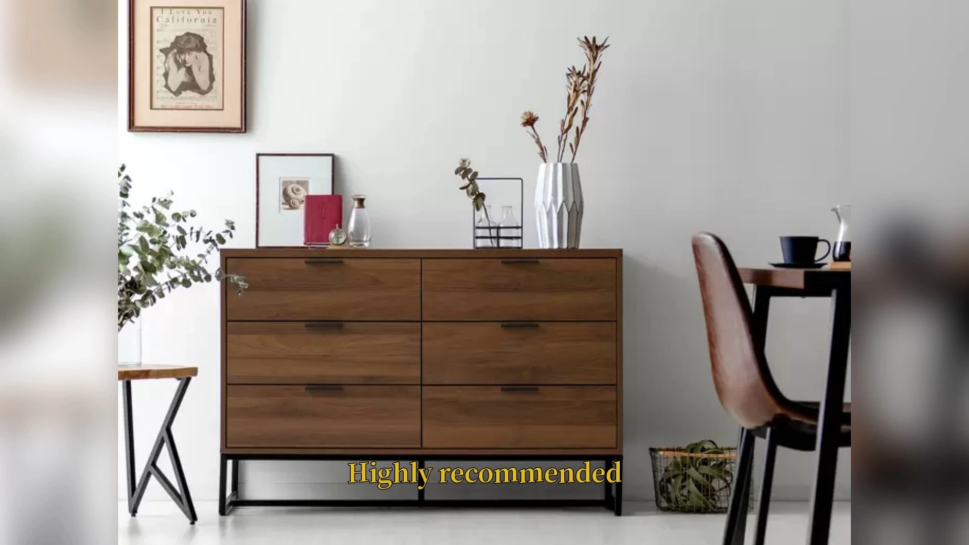 wooden walnut 6 drawers chest of drawer with iron black leg for living room bedroom room 1