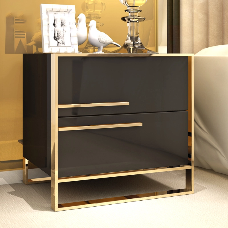Customized Sleek Black Bedside Table With Metal Frame High Gloss Paint MDF Nightstand 2 drawers 1