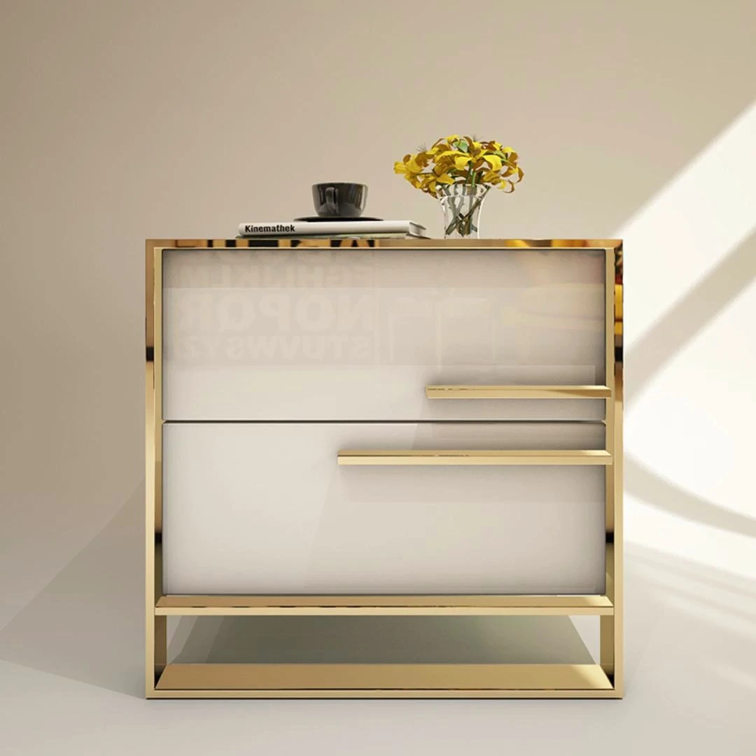 Sleek Bedside Table With Metal Frame High Glossy Paint MDF Nightstand 1