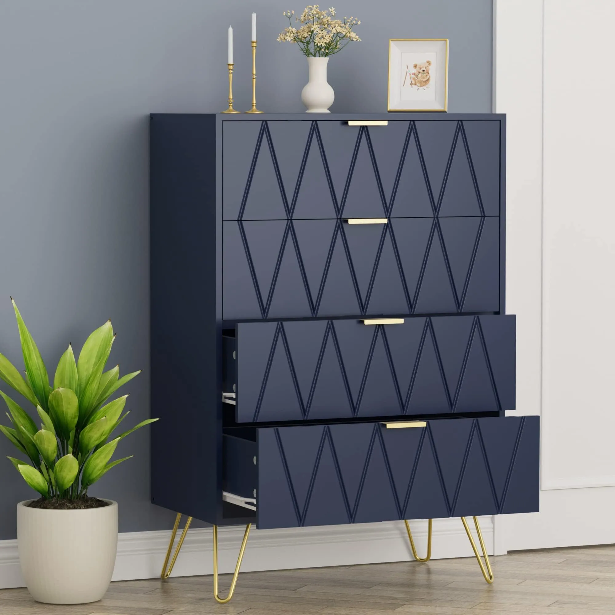 4 gavetas cômodas, unidade de armazenamento de madeira, estilo simples e elegante, alça e pernas coloridas douradas, 60 x 34 x 91 cm, aparador para quarto, sala de estar, escritório, azul 1