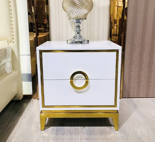 طراز فاخر أبيض لامع مع الذهب الساق غير القابل للصدأ ليلا الخزانة طاولة السرير لأثاث غرفة نوم 1