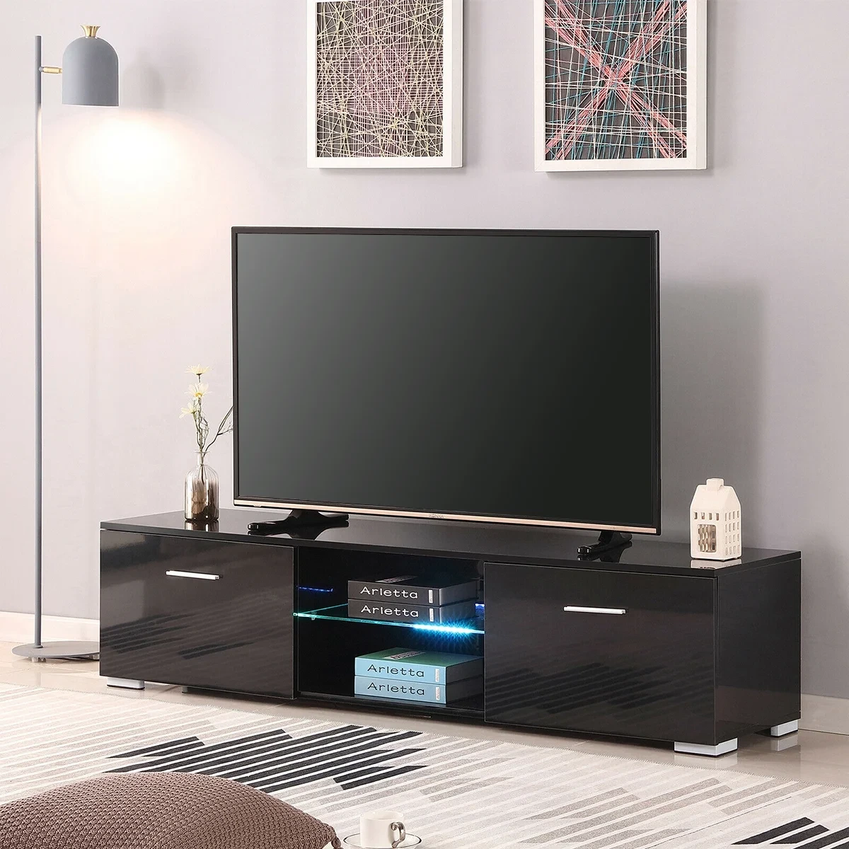 Modern simple type black glossy tv cabinet for living room with led light 1