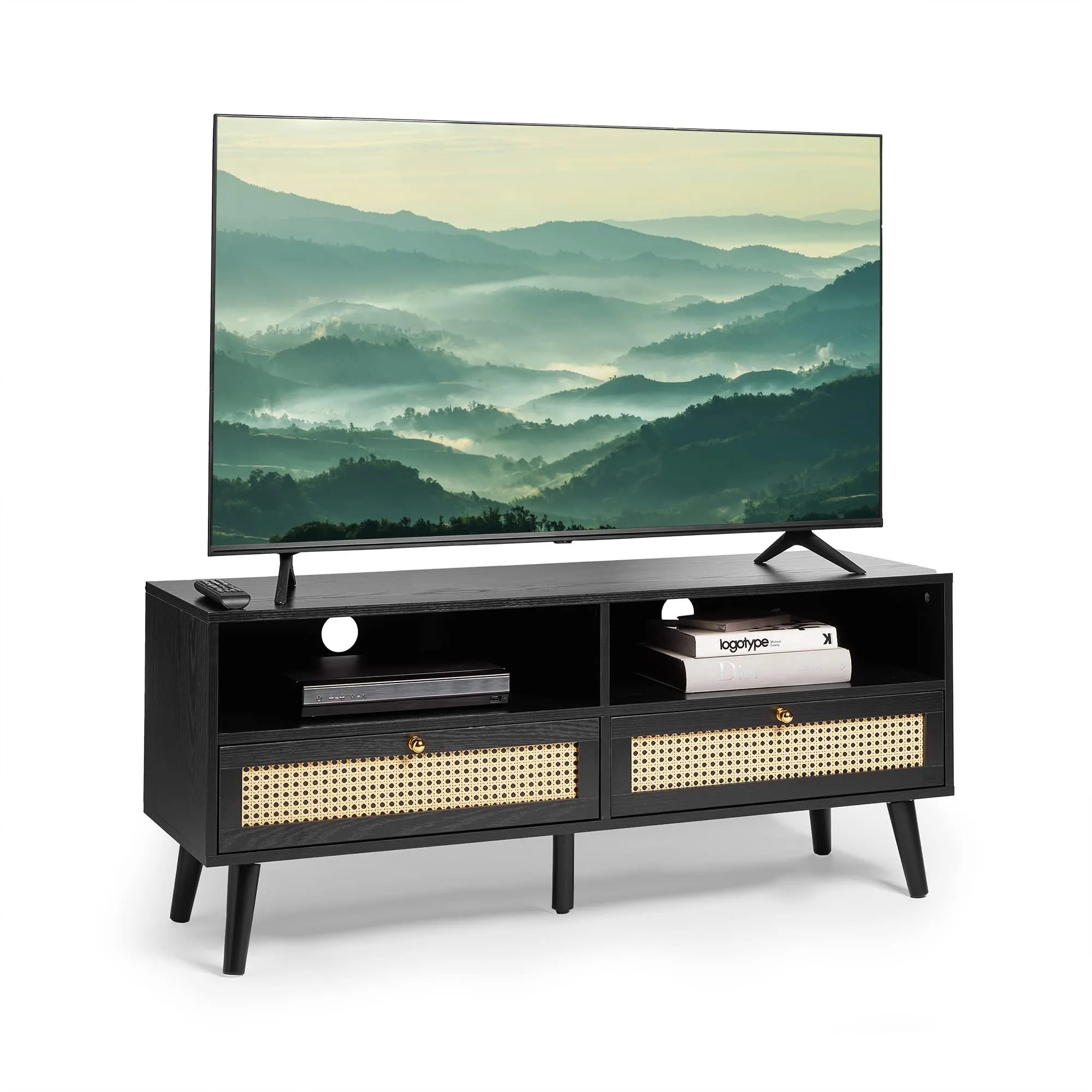Unidad de televisión negra - Gabinete de soporte de TV TV para televisores de hasta 55  - Unidad de entretenimiento de televisión Art Deco, 2 cajones de almacenamiento & 2 estantes abiertos - Rattan Lounge & Muebles de sala de estar - Whitworth - Whitworth 1