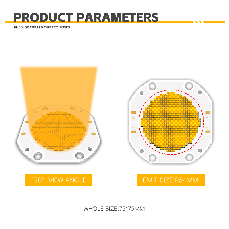 Dual CCT COB LED Chip High Power 60V Bi-Color 600W+600W 3000lm 1W 2700K/6500K Color Temperature 95Ra 75*75 4