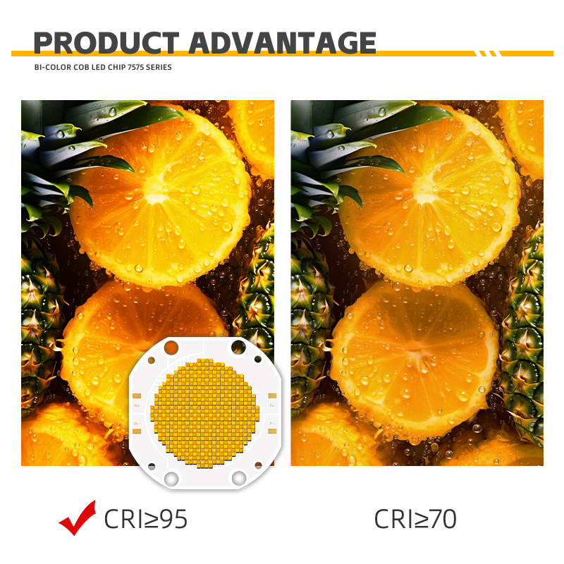 Dual CCT COB LED Chip High Power 60V Bi-Color 600W+600W 3000lm 1W 2700K/6500K Color Temperature 95Ra 75*75 6