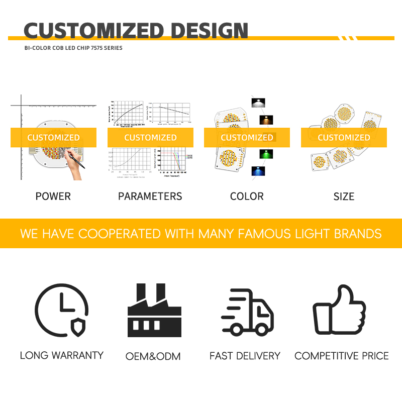 Dual CCT COB LED Chip High Power 60V Bi-Color 600W+600W 3000lm 1W 2700K/6500K Color Temperature 95Ra 75*75 9