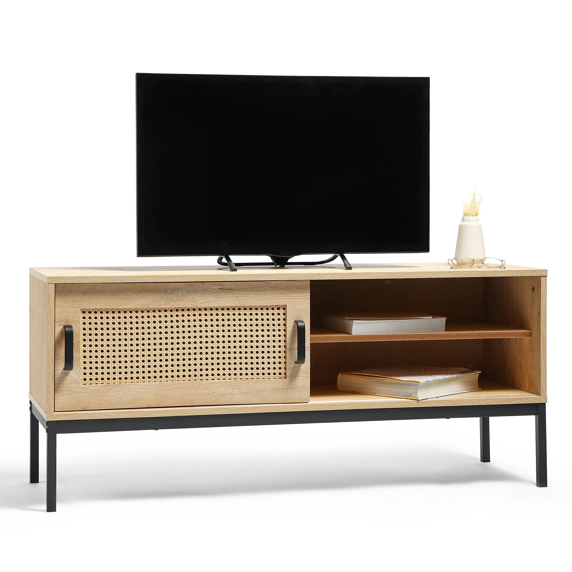 Rattan TV UNIT - Light Wood Effect TV Store Soport - Para TV hasta 55  - Unidad de entretenimiento de estilo scandi industrial con armario de almacenamiento & 2 estantes abiertos - para sala de estar & salón 1