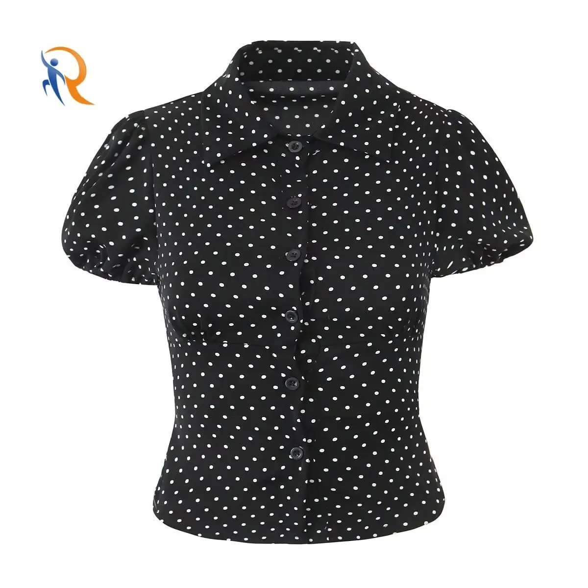 Polka Dot Waist Cinched Short Sleeve Shirt Women's Top 1