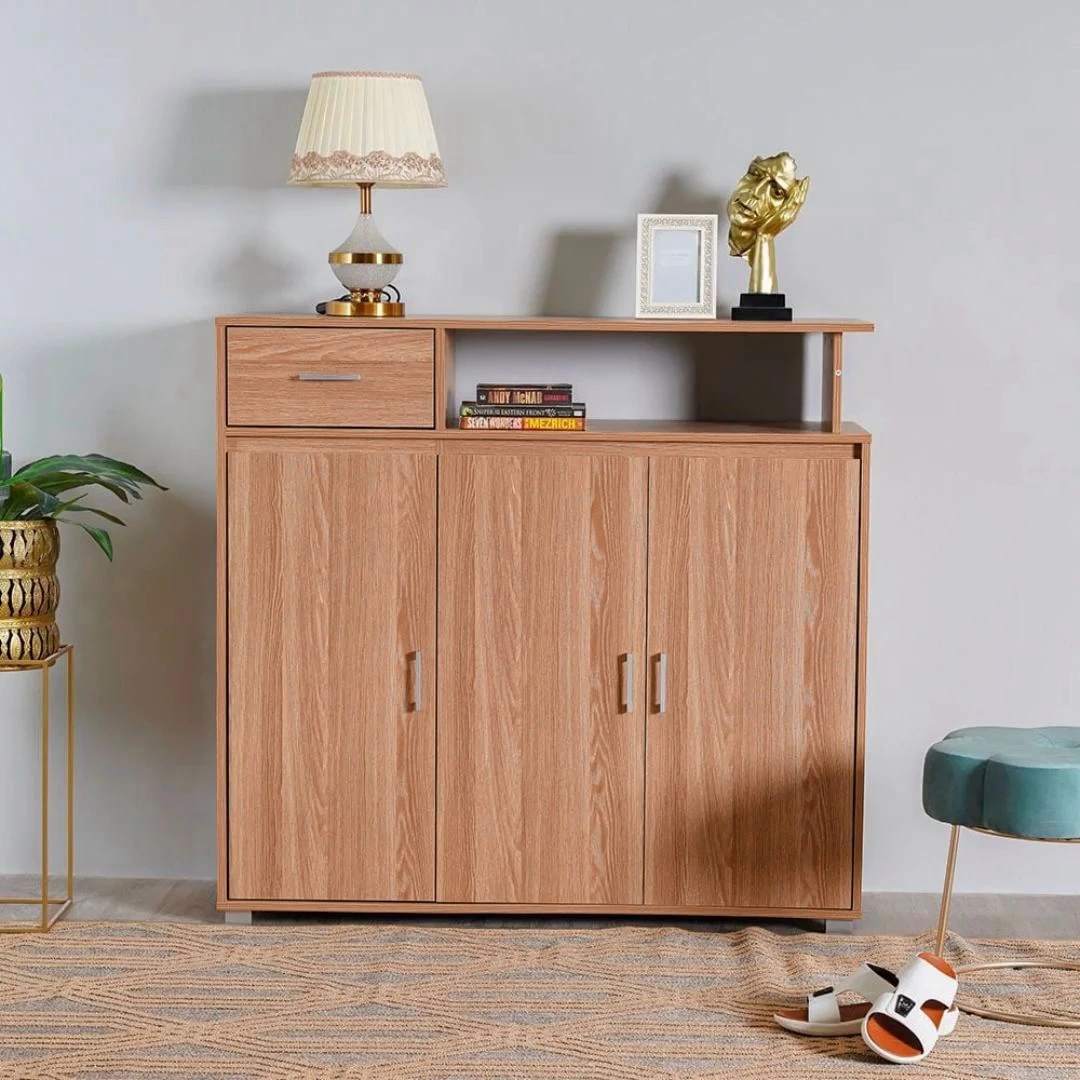 Armoire à chaussures de finition à grain en bois naturel avec 3 meubles de salon à portes inférieures spacieuses 1