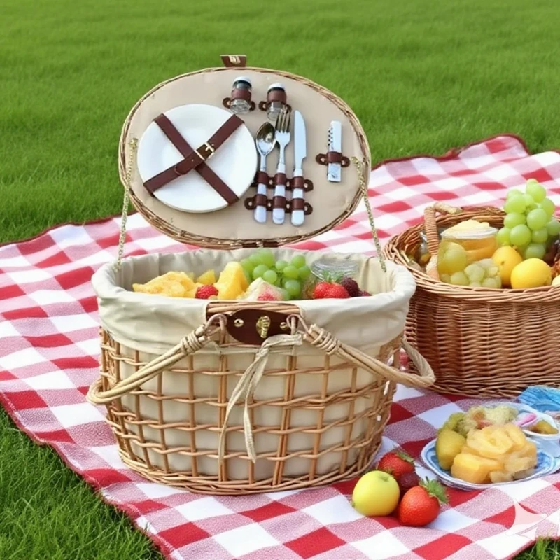 Panier de pique-nique de saule avec couvercle, design creux, doublé, panier extérieur portable 1