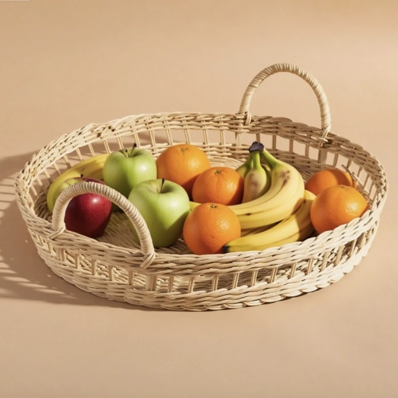 Round rattan tray hollow double handle design desktop storage basket fruit tray 1