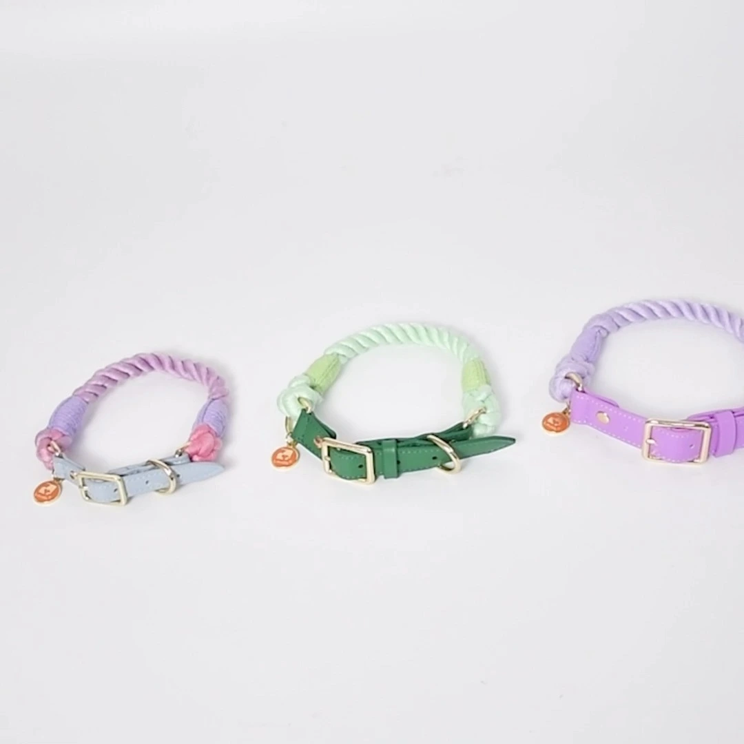 Hand knitted pet collar leash set with leather handle 1