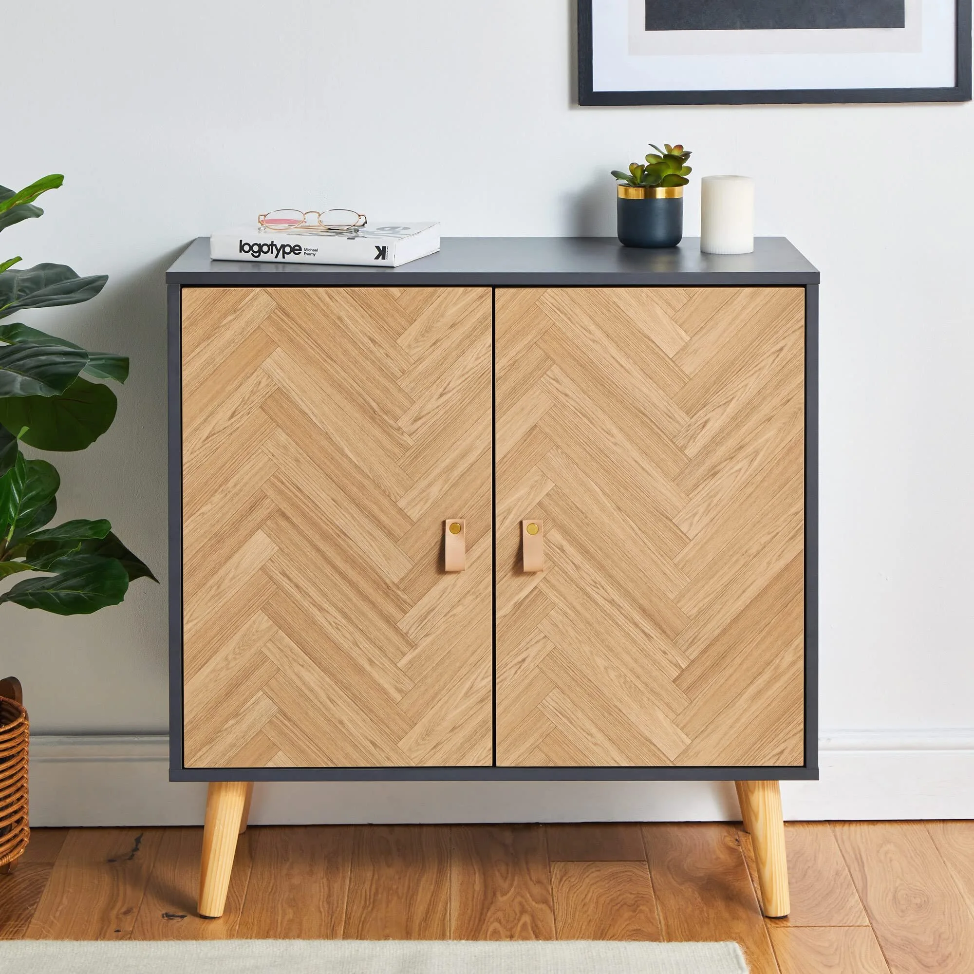 Sideboard – Grey & Wood Effect Storage Cabinet - Scandi Style 2 Door Storage Unit - Modern Living Room Cabinet with Tapered Legs & Faux Leather Handles - for Lounge & Hallway 1