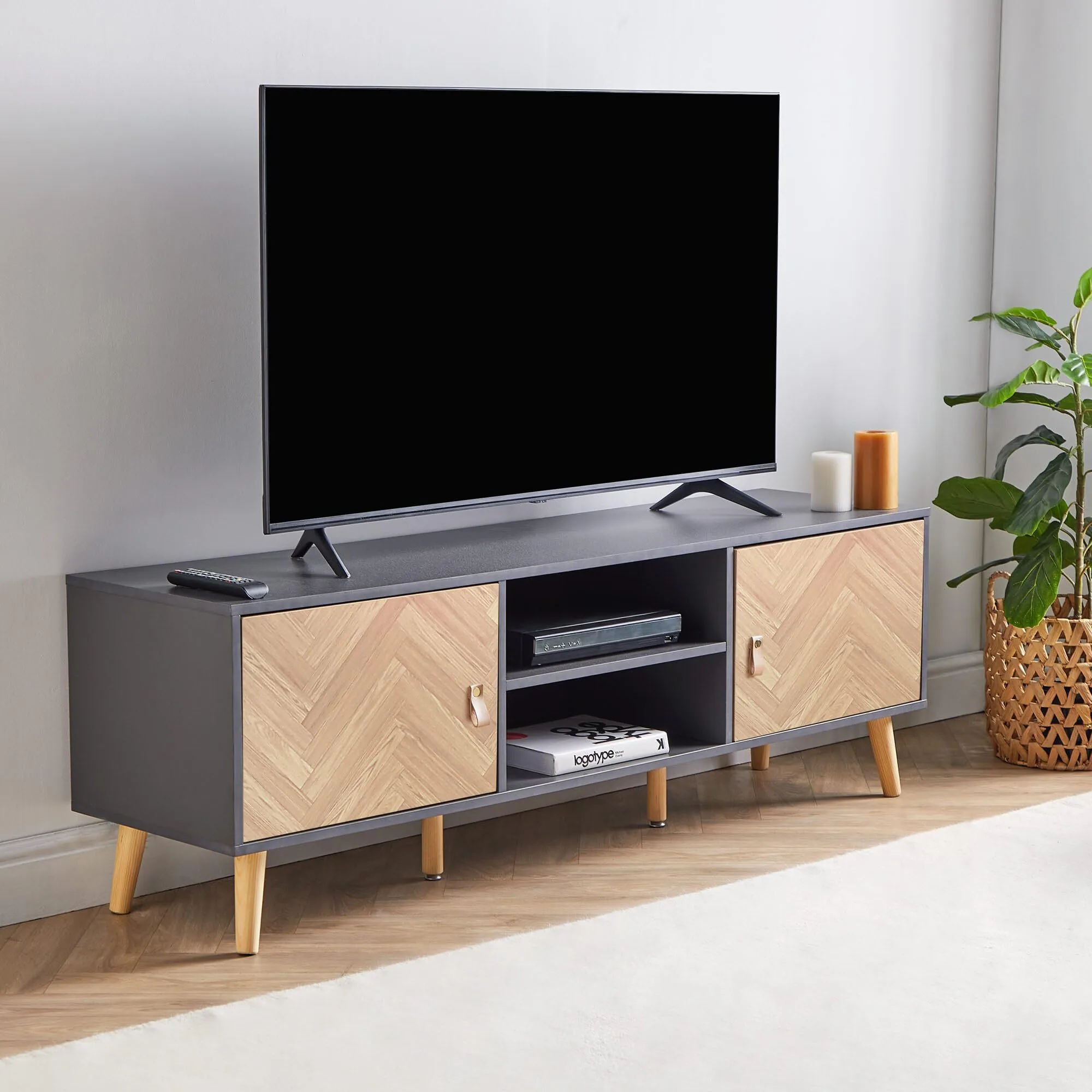 Unidad de TV - Gray & Gabinete de TV Effect de madera para TV hasta 65  - Unidad de entretenimiento de estilo nórdico escandi con armarios de almacenamiento, estanterías & Piernas cónicas - Sala de estar de capacidad de peso de 20 kg 1