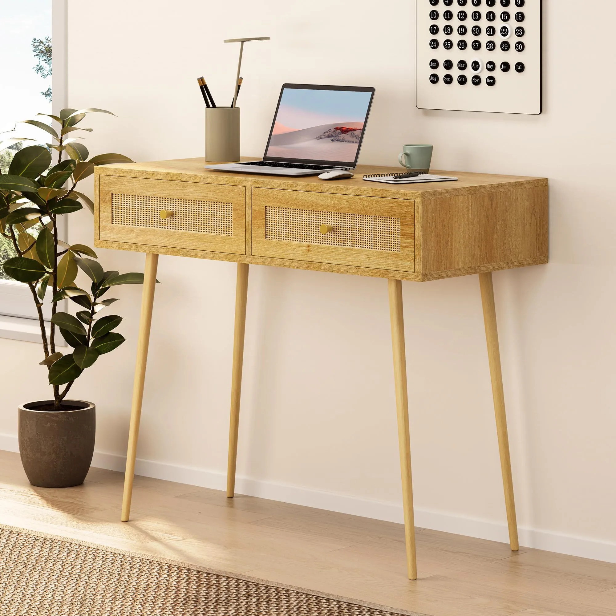 Dressing Table with Natural Rattan Drawers - Bedroom Vanity Storage Desk for Makeup & Skincare - Hallway or Living Room Console Table - Boho Computer Desk with 2 Drawers for Home office 1