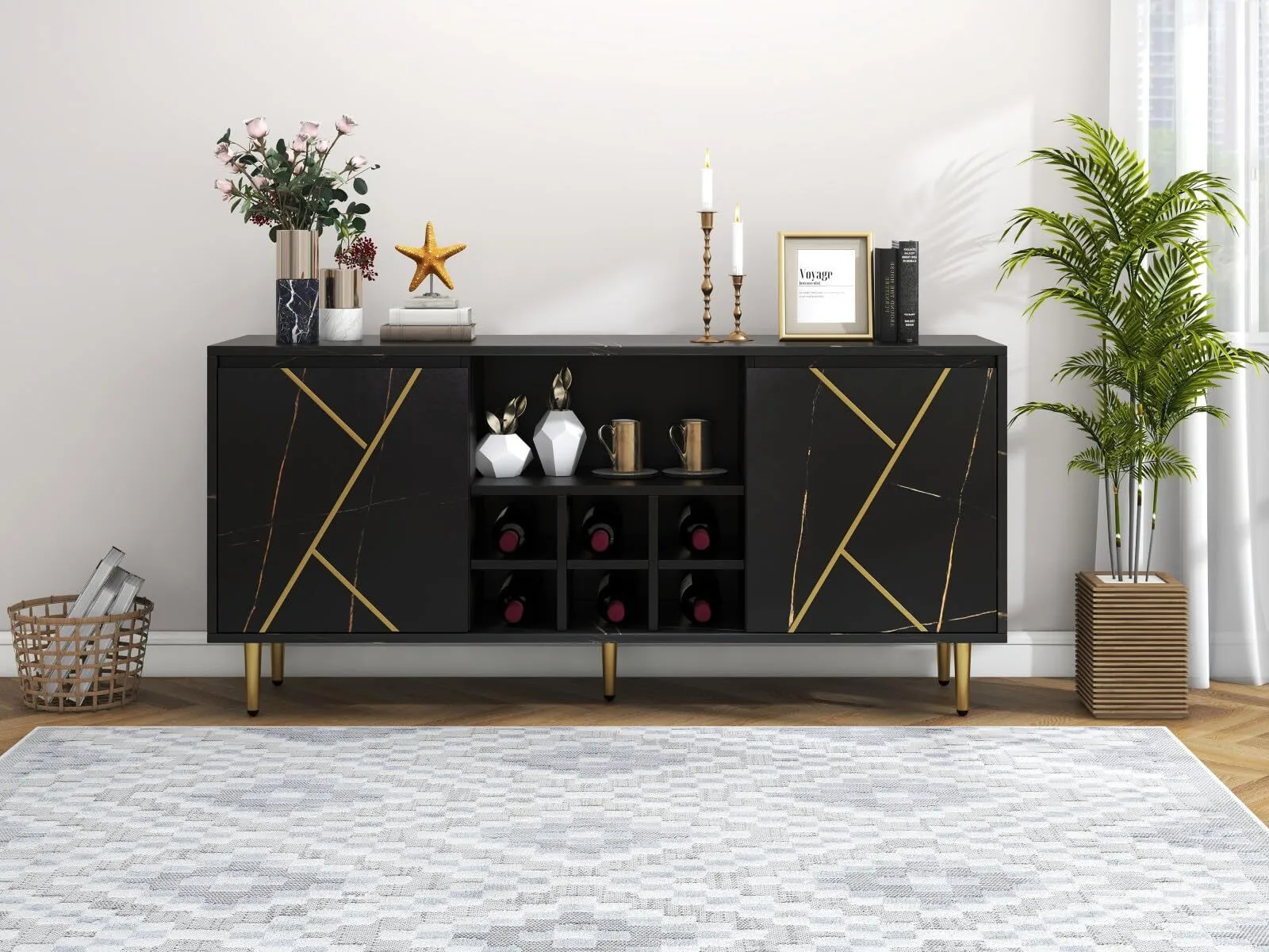 Combohome Sideboard Buffet Cabinet 148 x 40 x 70 cm Side Cabinet Elegant Black Gold Design with Wine Rack Perfect for Living Room, Kitchen and Hallway Storage 1