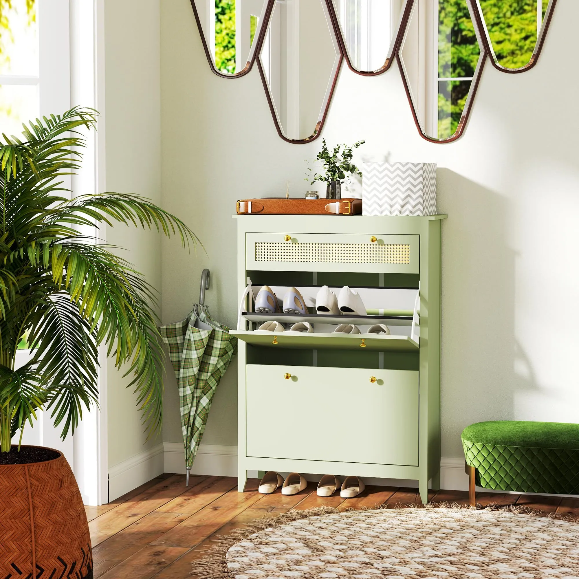 Shoe Cabinet with 2 Flaps, Drawer Shoe Rack with Adjustable Shelf, Shoe Chest of Drawers, Shoe Rack for 12 Pairs of Shoes, 88 x 30 x 120 cm, Green 1