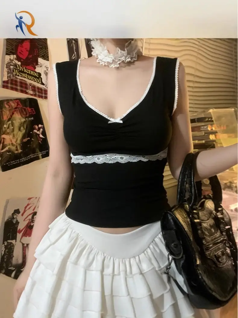 Women's Lace Trim Blouses Sleeveless Summer Camisole Tops Coquette Clothes 1