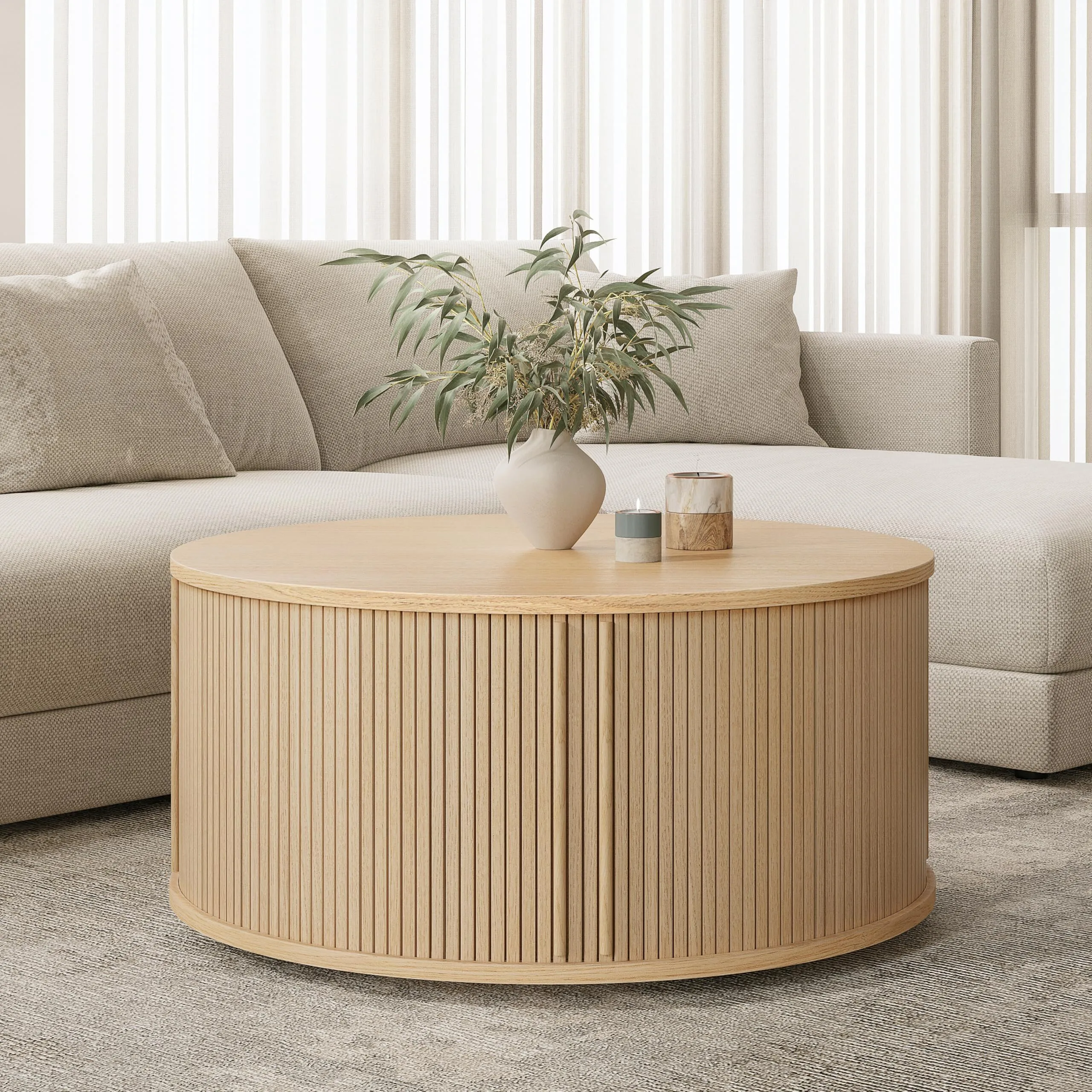 Combohome 35'' Round Coffee Table with Storage and Shelves - Round Center Table for Living Room and Office. Wood Mid Century Modern Coffee Tables for Living Room 1