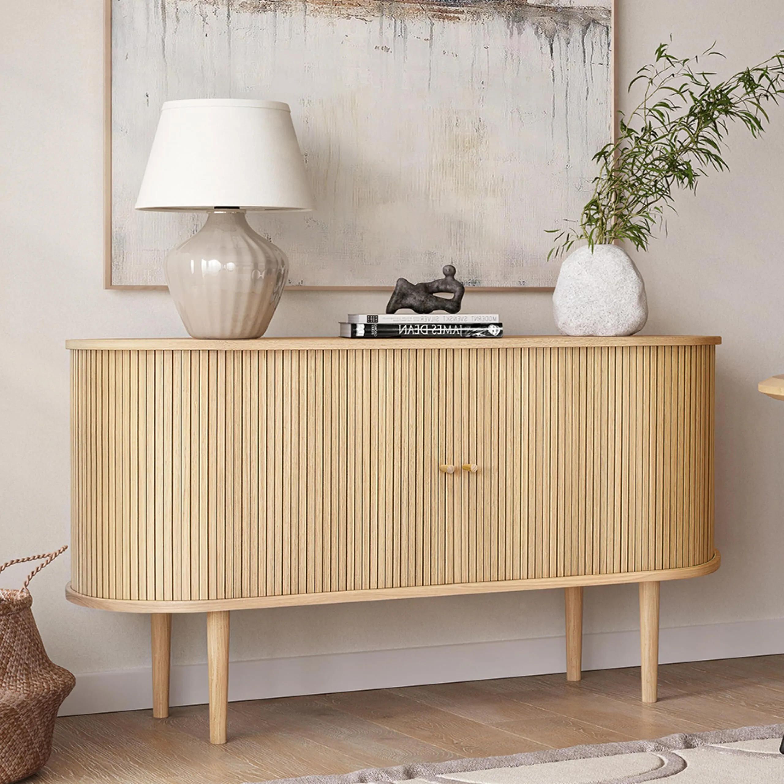 55'' Sideboard Storage Cabinet with Doors and Shelves - Wood Credenza for Living Room, Bedroom, Entryway and Home Office Cabinet. Kitchen Buffet, Modern Media Console Table with Storage 1